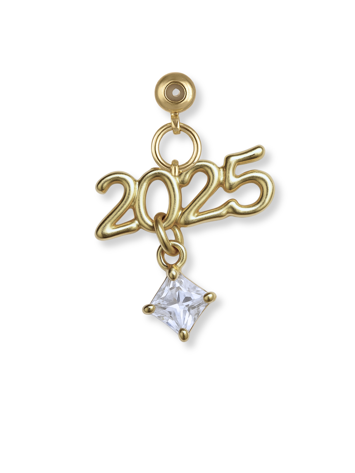 The 2025 Graduation Grip Charm by Kinsey Designs Archives features a gold "2025" and a square clear gemstone, perfect for celebrating milestones or adding to Kinsey Charm Bar Necklaces.
