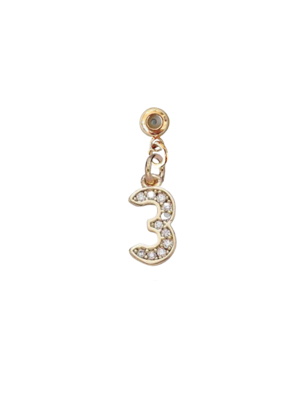 The Kinsey Designs Numerical Grip Charm is a gold charm shaped like the number 3, encrusted with small clear rhinestones—perfect for adding to your charm bar necklace.
