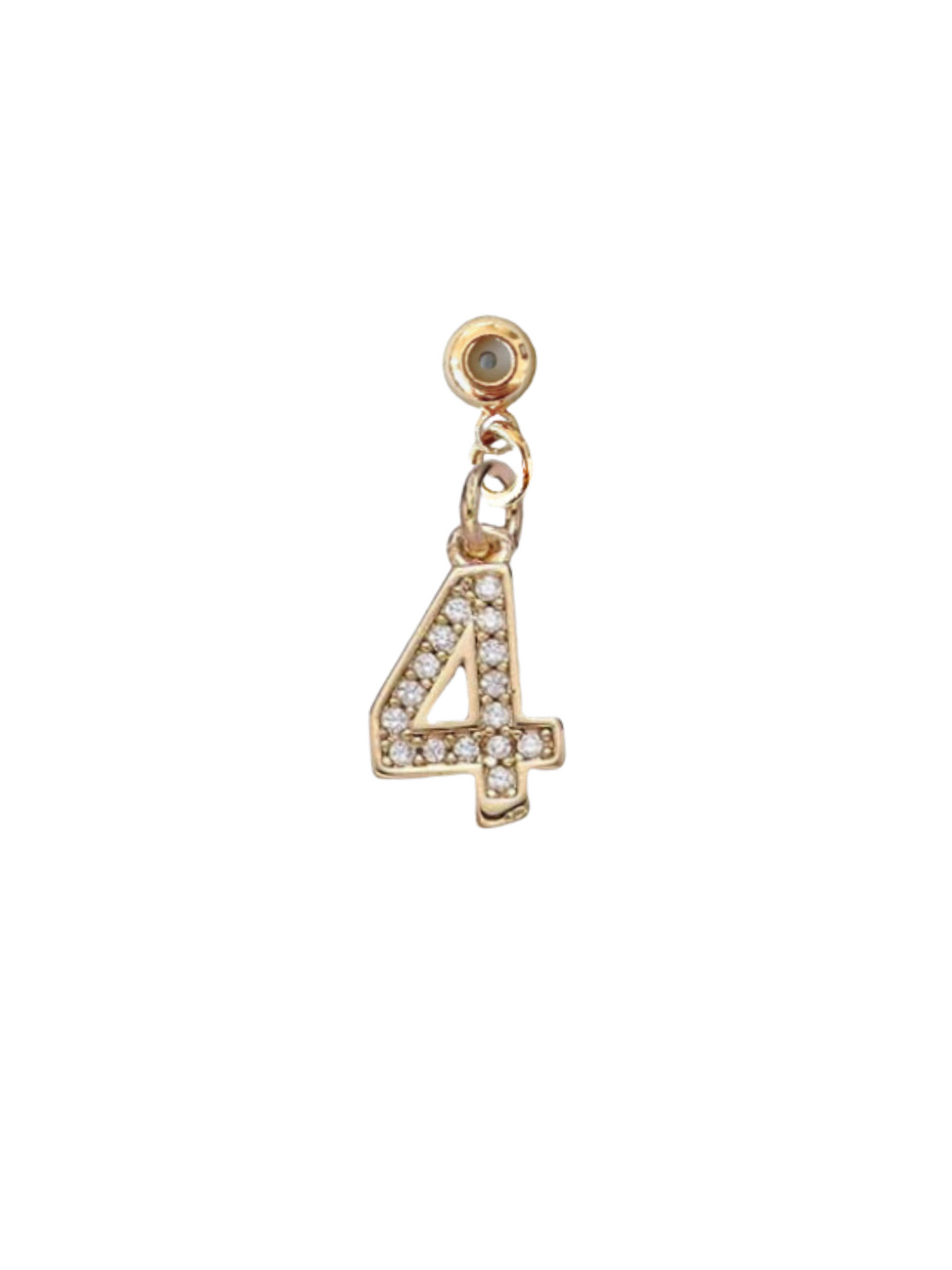 The Kinsey Designs Collection Numerical Grip Charm Number 4 features a gold charm shaped like the number 4, adorned with small clear stones, shown on a white background.