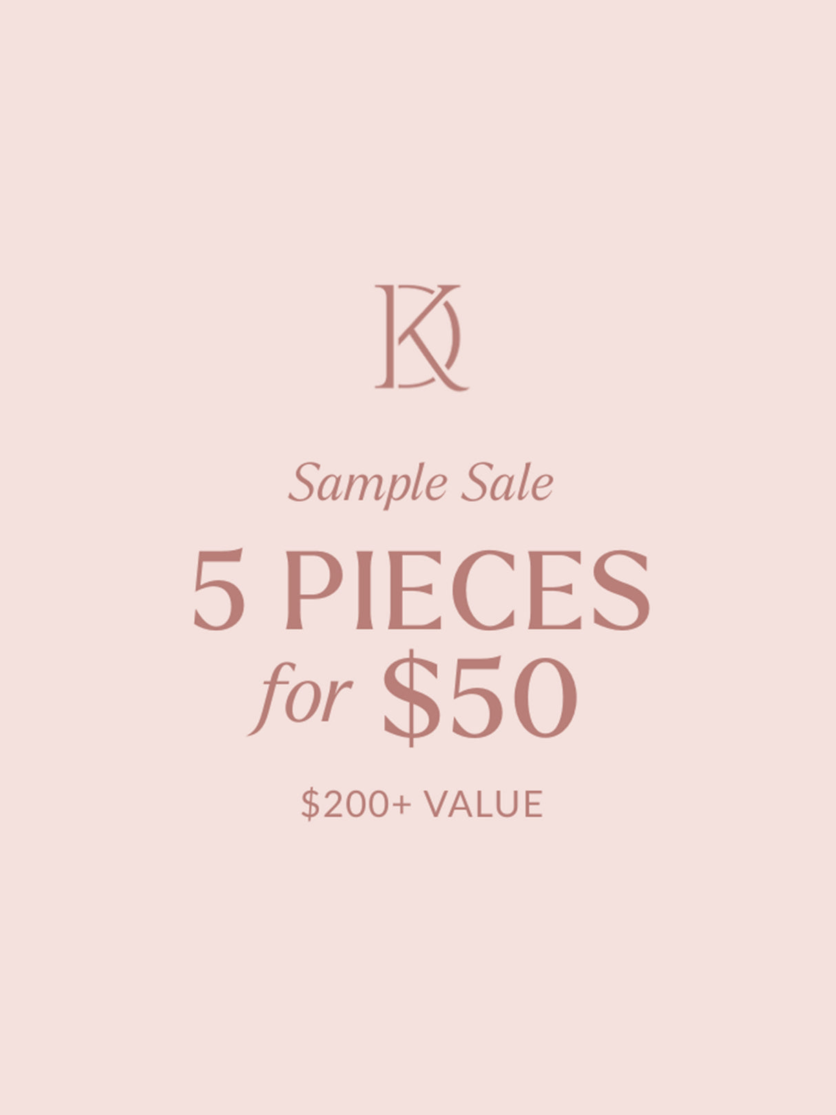 Text reads: "Kinsey Designs Sample Sale Mystery Box – 5 pieces for $50 ($200+ value). Final sale"