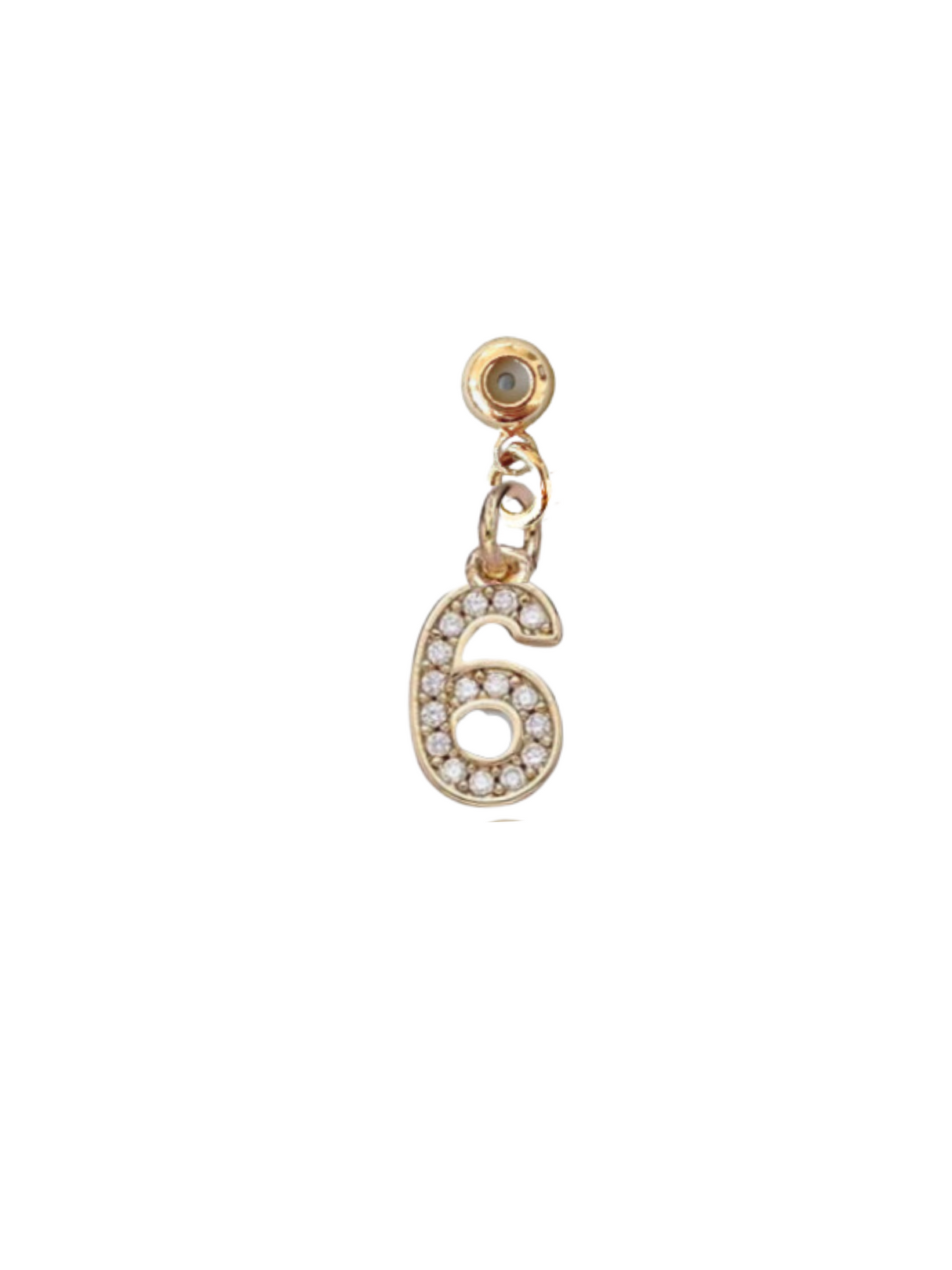 Kinsey Designs Collection's Numerical Grip Charm Number 6 features a gold charm shaped like the number 6, accented with small white stones, shown on a white background.
