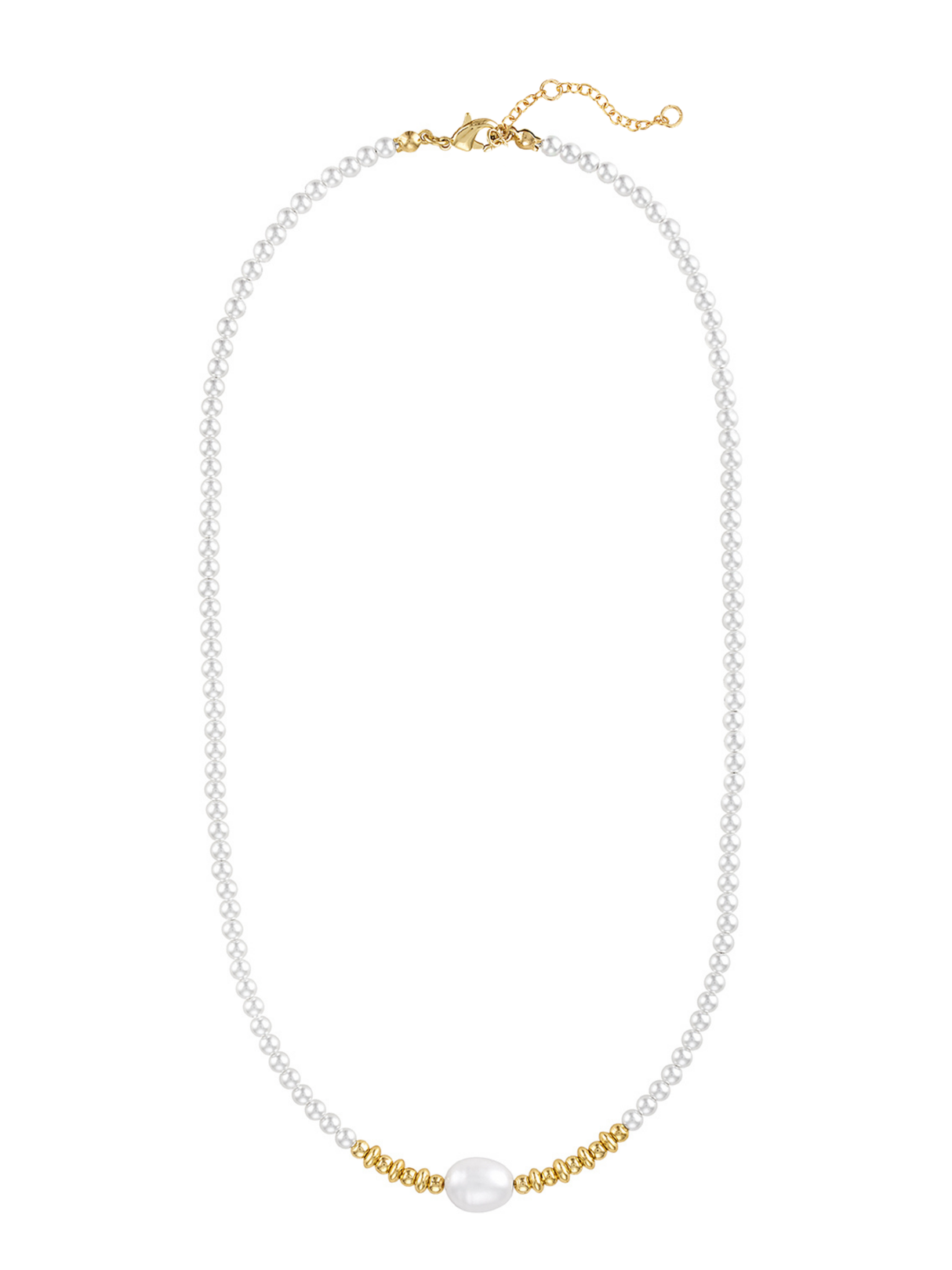 The Adella Pearl Necklace by Kinsey Designs features elegant pearl beads, a central oval pearl, gold accents, and a gold clasp with extender chain.