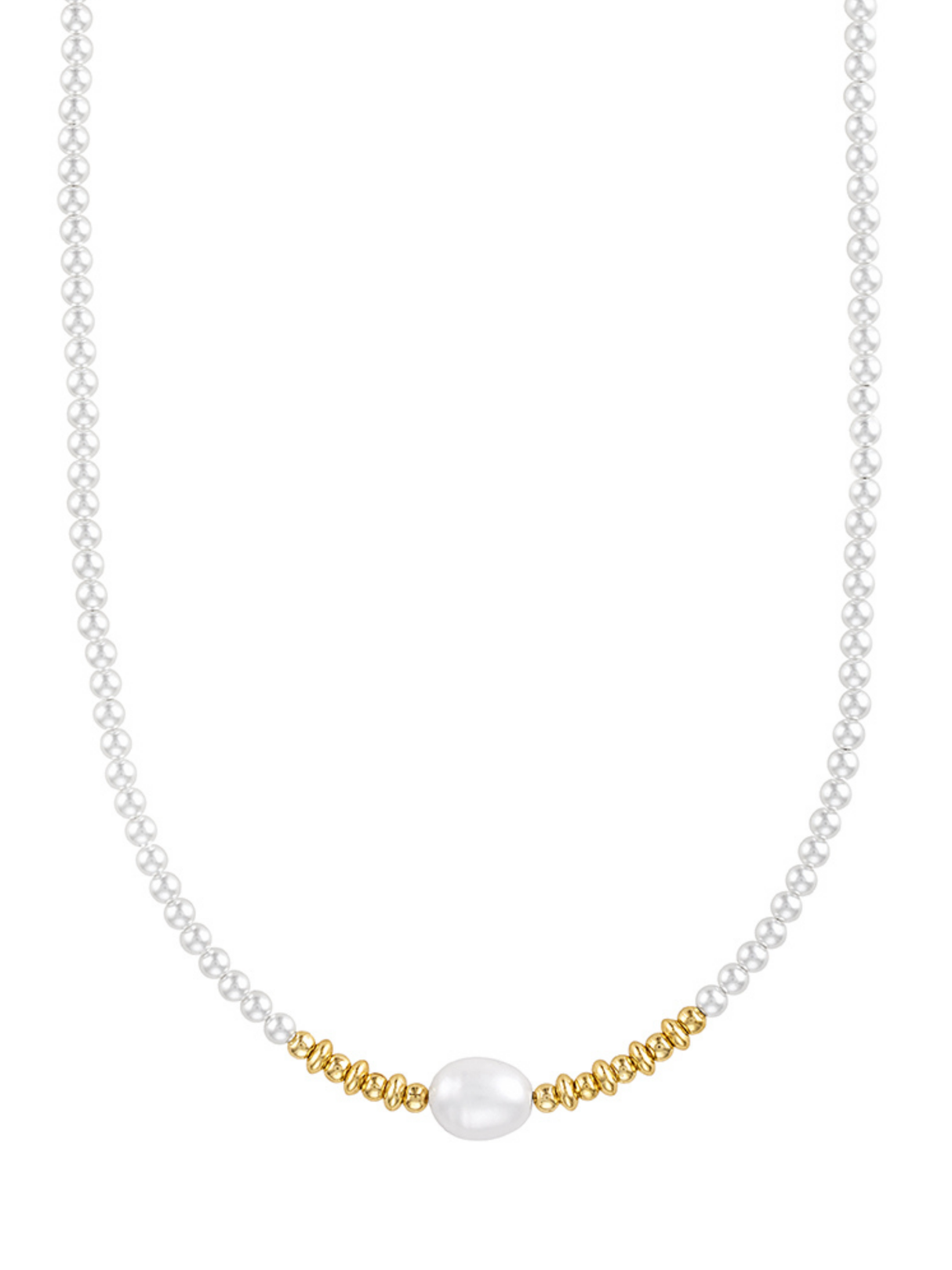 The Adella Pearl Necklace by Kinsey Designs features small gold beads and a central pearl, elegantly displayed on a white background.