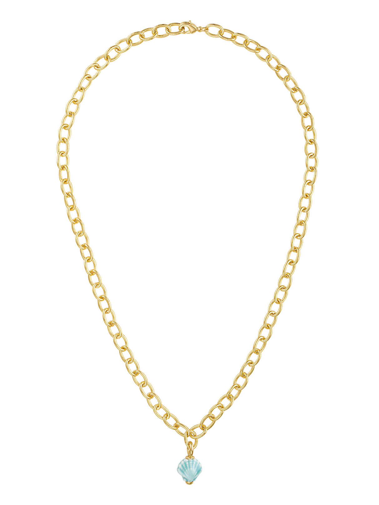 The Arista Shell Pendant Necklace by Kinsey Designs features a gold chain with a blue seashell-shaped pendant, making it the perfect beach accessory to add coastal charm to your style.