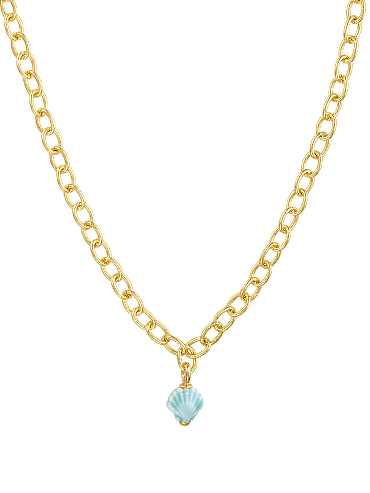The Arista Shell Pendant Necklace by Kinsey Designs features a gold chain and a small blue shell charm at the center, making it a delicate beach accessory and charming piece of seashell jewelry. Photographed against a white background.