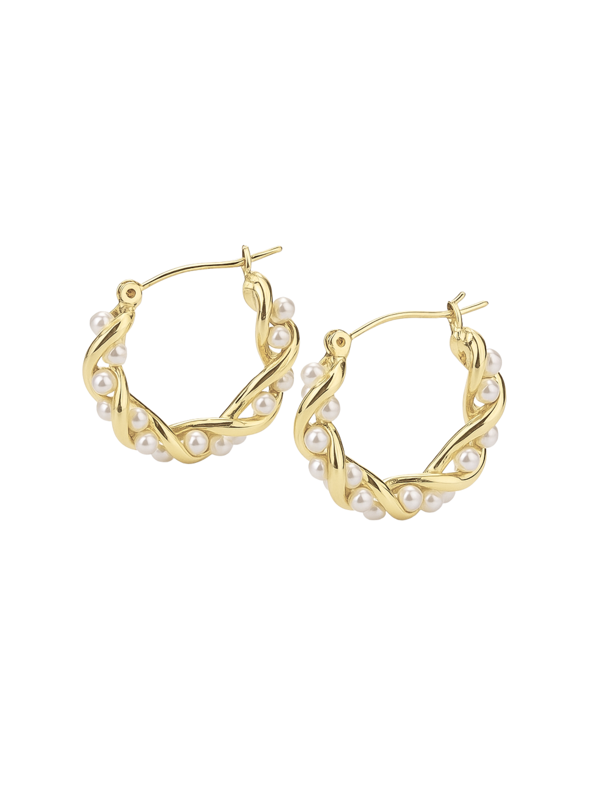 The Audrey Pearl Hoops by Kinsey Designs feature a twisted gold design adorned with small white pearls, making these elegant earrings the perfect finishing touch for any outfit.