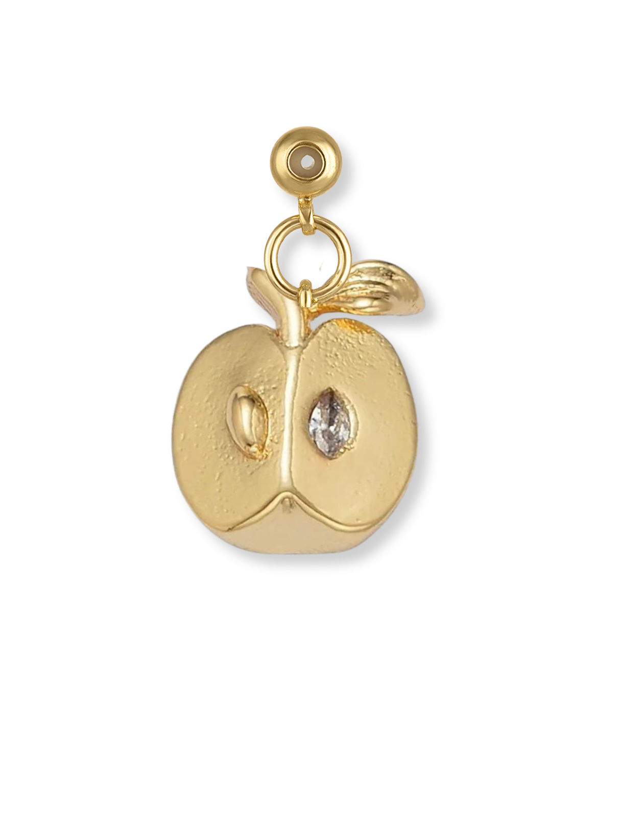 The Kinsey Designs Archives A+ Apple Grip Charm features a gold apple shape with two gem accents and a leaf, attached to a small circular gold loop—ideal for charm necklaces or as a Teacher Appreciation Gift.