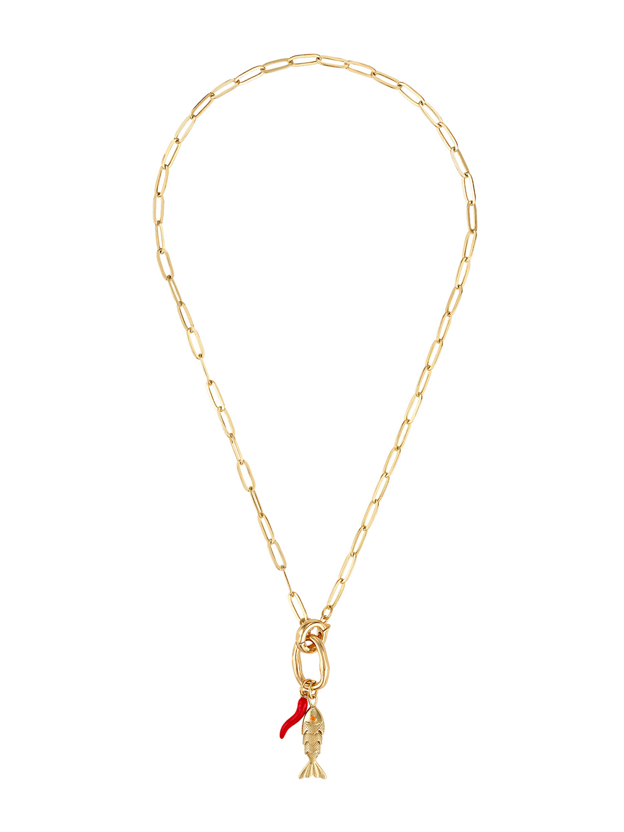 The Acqua Pazza Italian Fish Necklace by Kinsey Designs features a gold chain with a gold-tone fish pendant and red accent charm—an elegant accessory to add subtle charm to any outfit.
