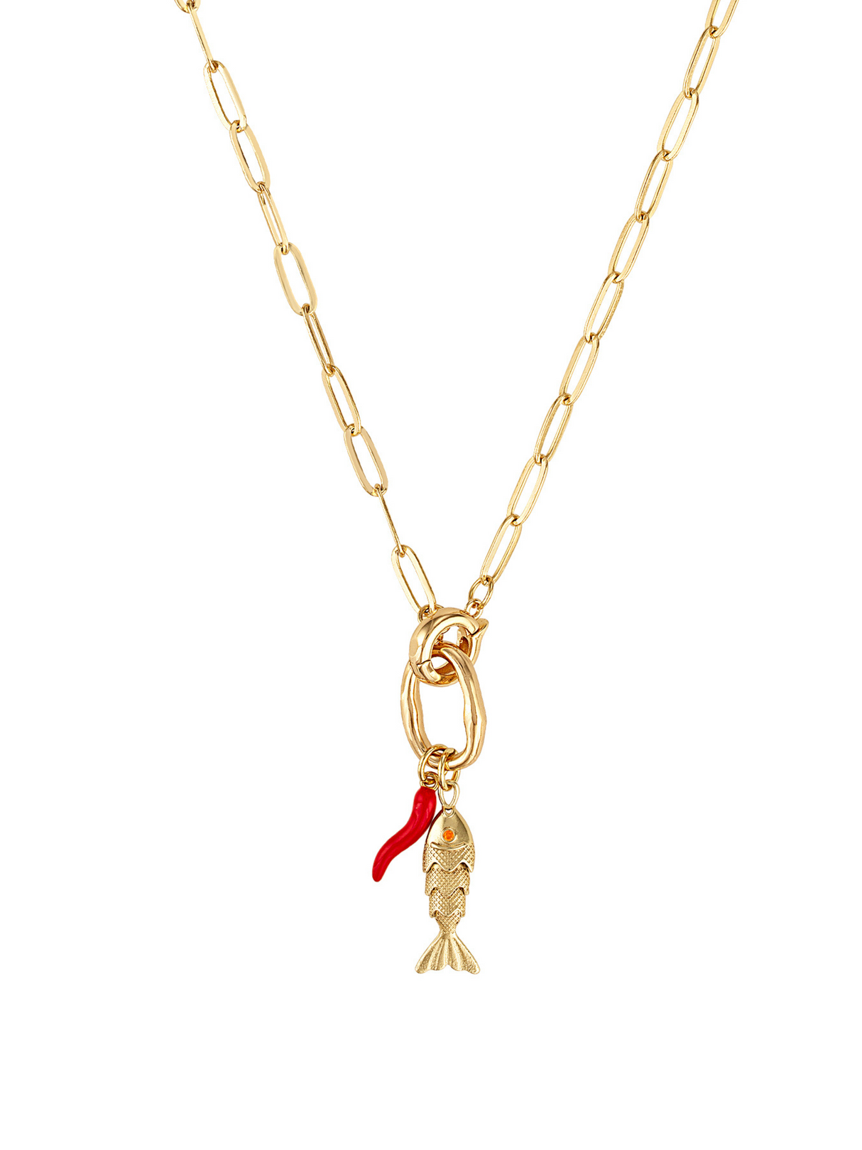 The Acqua Pazza Italian Fish Necklace by Kinsey Designs features a gold-tone fish pendant with a small red chili pepper charm—perfect for adding unique, playful elegance to your look.