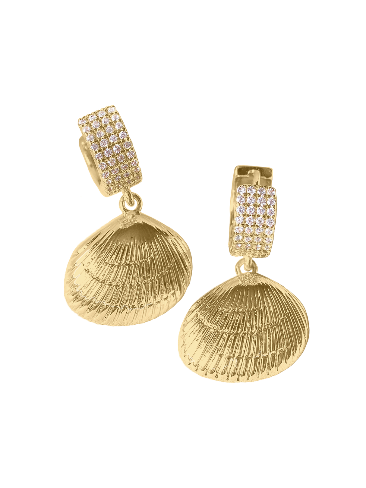 The Alana Huggies by Kinsey Designs Archives feature gold-filled, shell-shaped drops with textured details and pavé rhinestones—an elegant accessory for your next sample sale find.