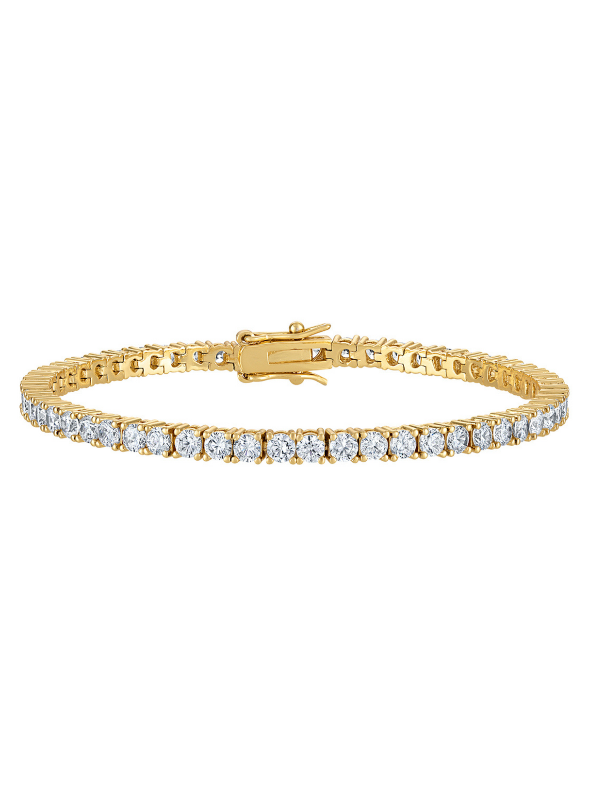 The Arthur Tennis Bracelet by Kinsey Designs features a row of round white diamonds and a secure clasp. This elegant gold-filled bracelet is the perfect gift for her, beautifully displayed on a white background.