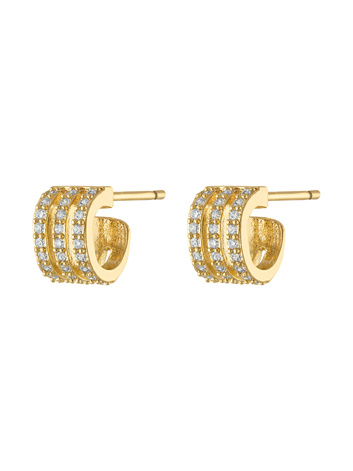 Aster Triple Curve Stud Earrings by Kinsey Designs feature three rows of sparkling stones on each gold earring, shown against a white background.