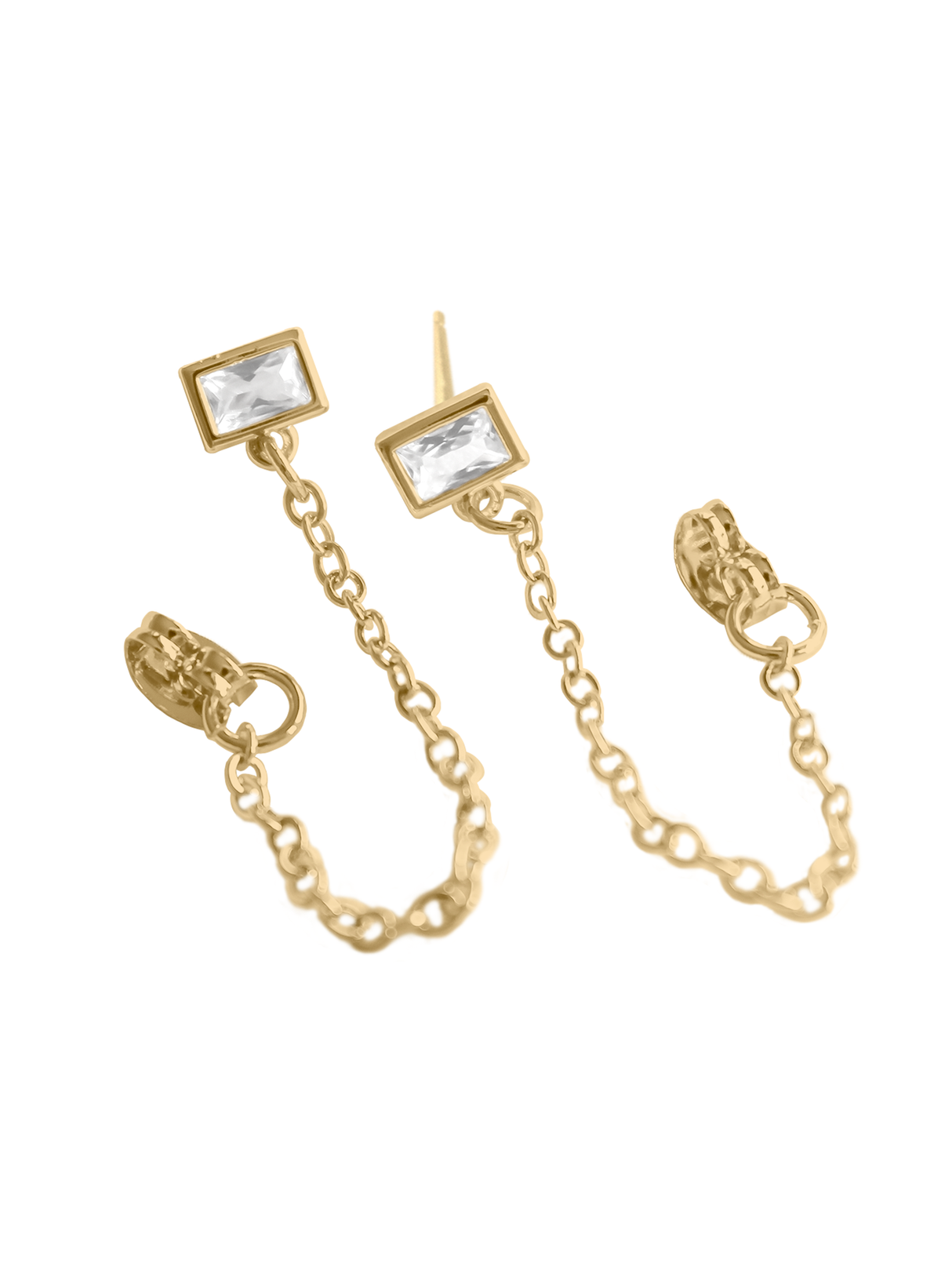 Astrid Earring by Kinsey Designs Archives—gold-filled earrings with chain links, rectangular clear stones, and detachable chain accents. SAMPLE SALE final sale only. Shown on a white background.