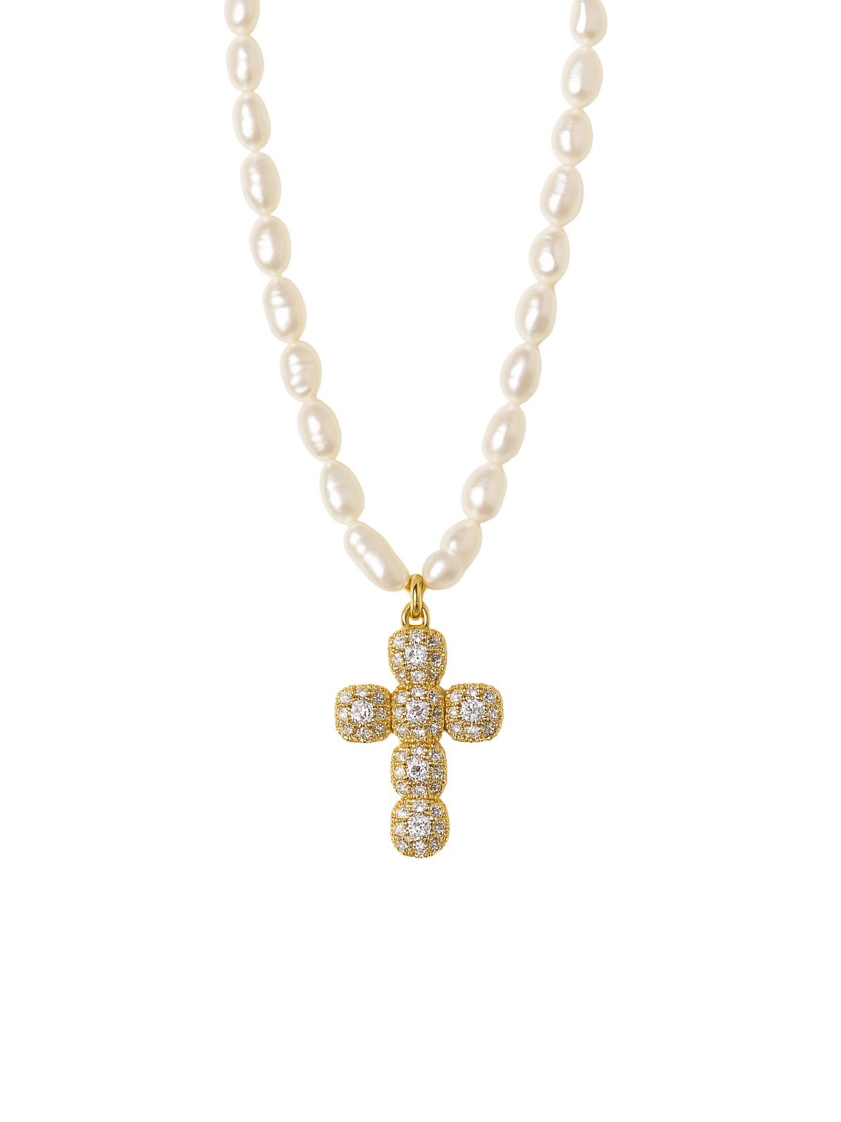 The Baldwin Pearl Necklace by Kinsey Designs showcases lustrous freshwater pearls and a gold-filled cross pendant with sparkling diamonds, beautifully set against a crisp white background.