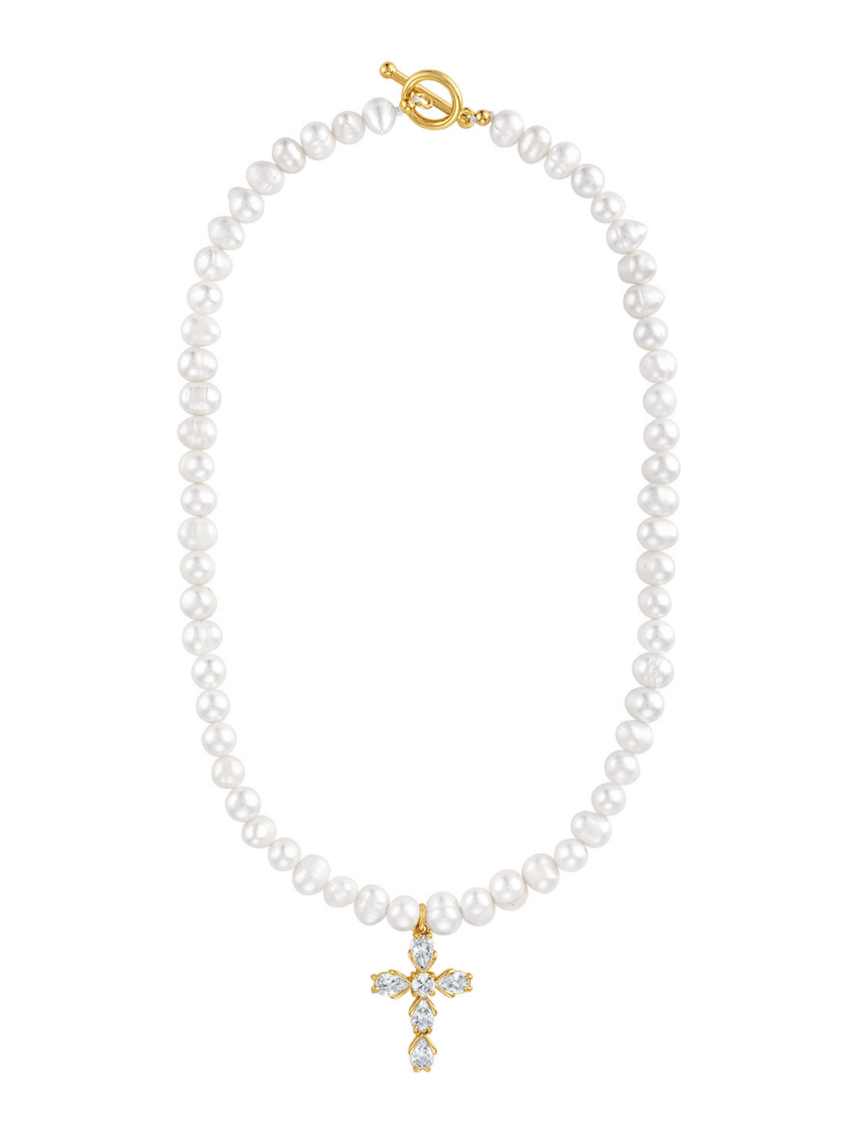 The Bellena Pearl Cross Necklace by Kinsey Designs features a crystal-studded cross pendant and gold toggle clasp, perfect for baptism jewelry. Shown on a white background for an elegant, timeless look.