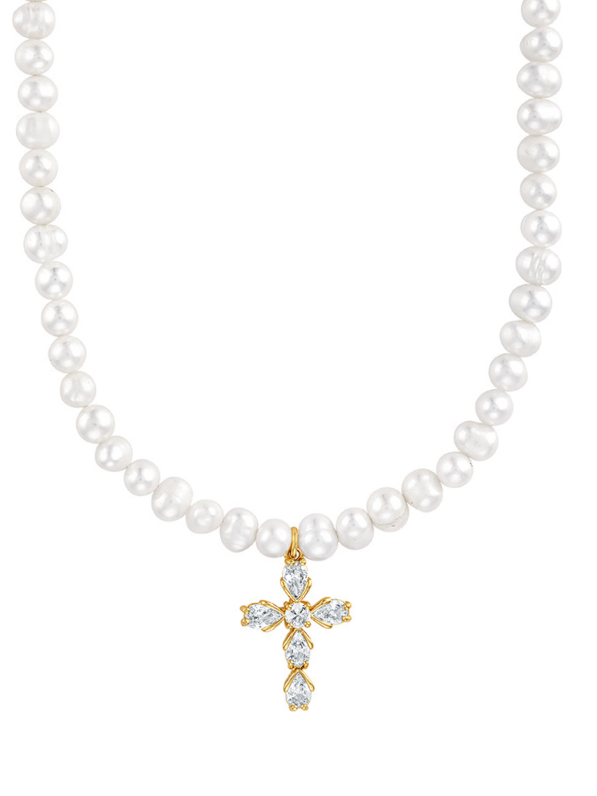 The Bellena Pearl Cross Necklace by Kinsey Designs features a crystal cross pendant—perfect as baptism jewelry or for special occasions.