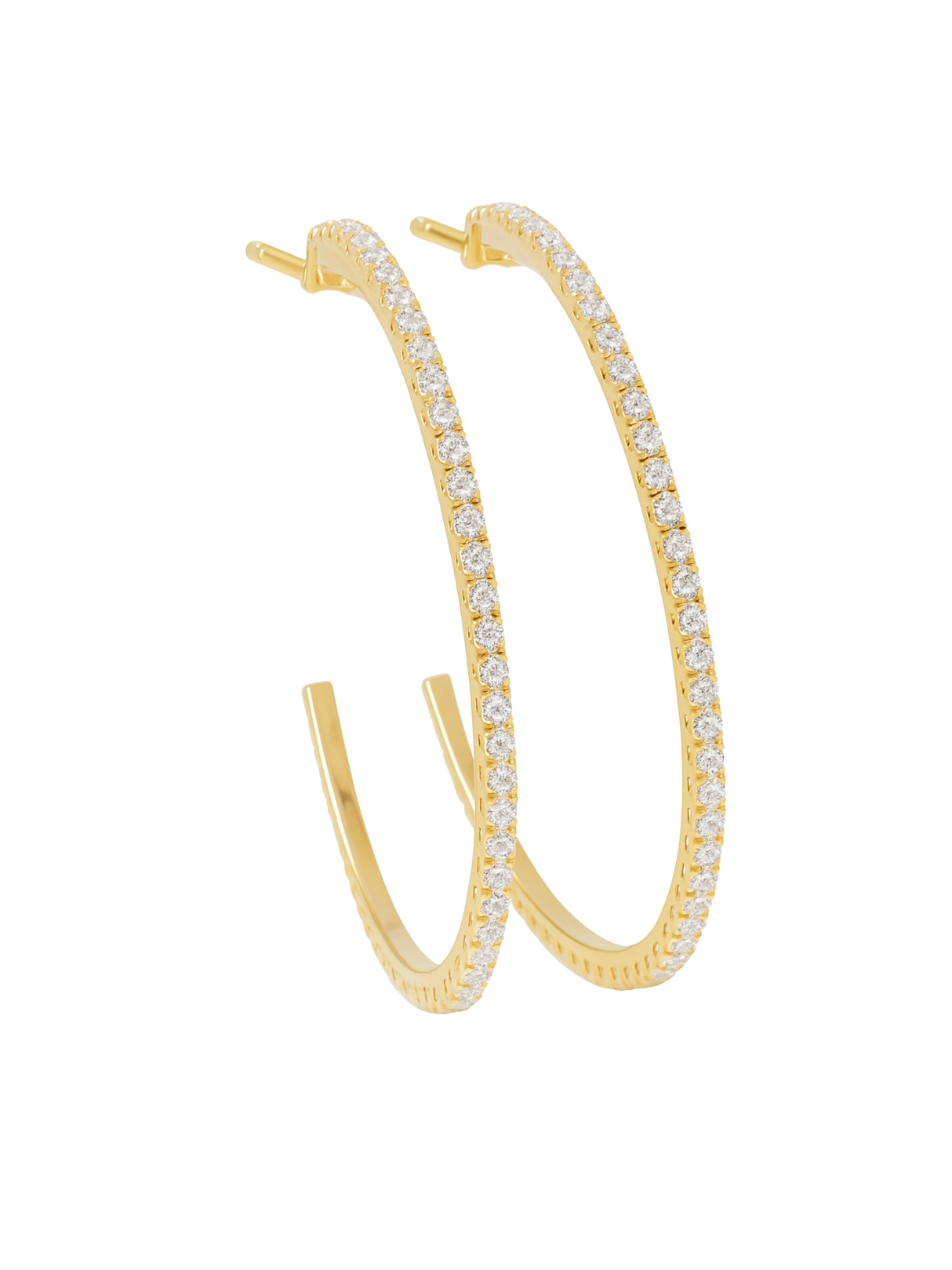 The Blaze Hoop by Kinsey Designs Archives features gold-filled hoops adorned with a row of small sparkling cubic zirconia along the outer edge, displayed on a white background.