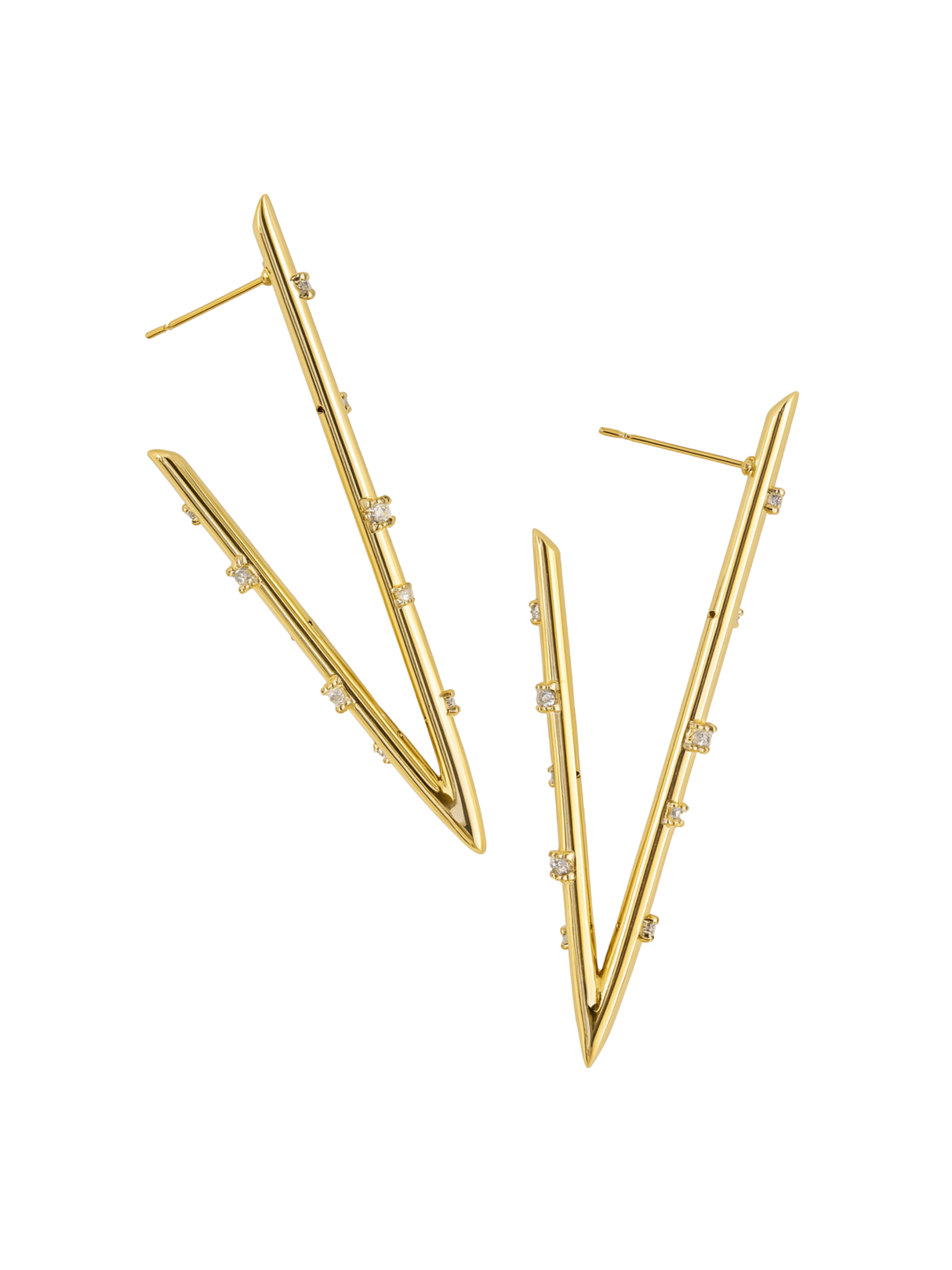 The Bowen Earring Luxe by Kinsey Designs features gold-filled V-shaped earrings with sparkling cubic zirconia along the edges, shown on a white background.