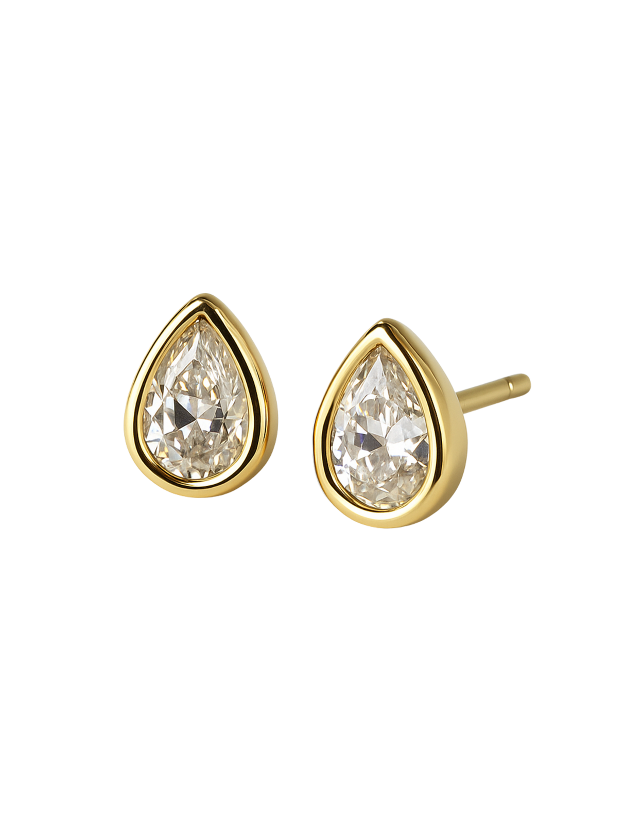 The Bridget Stud Earring by Kinsey Designs features gold filled studs with pear-shaped clear gemstones in a teardrop setting, shown on a white background.