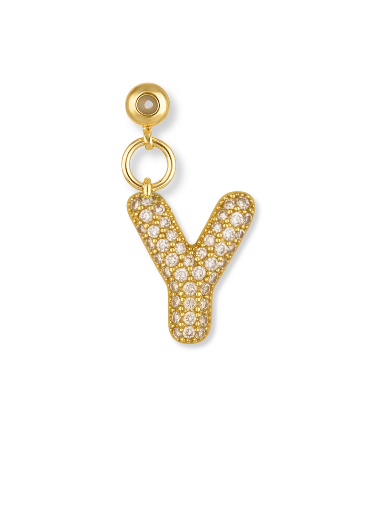 The Bubble Letter Grip Charm Letter Y from the Kinsey Designs Collection features a Y-shaped gold charm adorned with clear rhinestones and a round clasp.