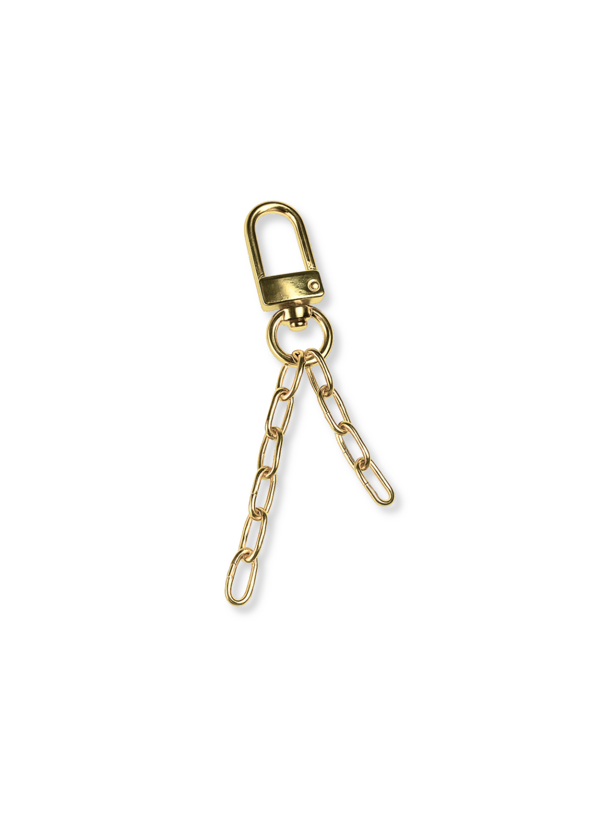 The Kinsey Bag Charm Chain by Kinsey Designs features a gold metal keychain with a clasp and two short chain links—ideal as a stylish bag charm or versatile purse accessory.