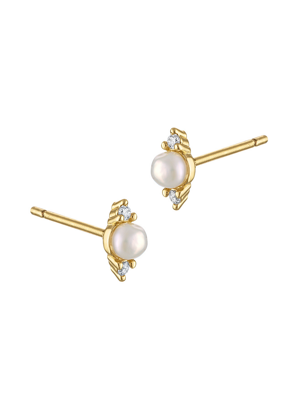 The Beckham Pearl Stud by Kinsey Designs features elegant gold settings with white pearls and clear gemstones, perfect as bridesmaid jewelry. Shown on a white background.