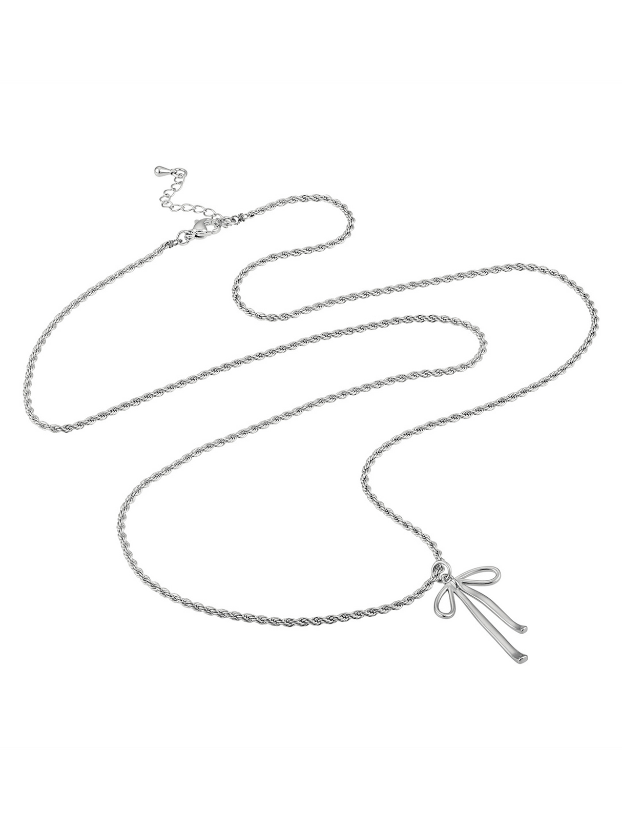 Kinsey Designs' Bella Silver Bow Necklace features a rhodium plated silver pendant with a bow-shaped charm, adding a touch of sophistication to any outfit.