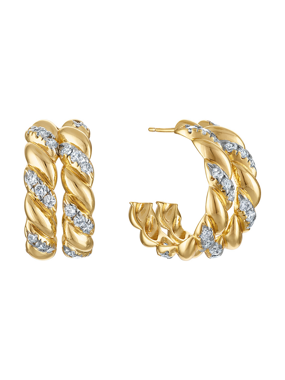 The Benny Double Hoops by Kinsey Designs are gold-filled double hoop earrings with clear gemstones, shown from front and side angles on a white background—a standout statement accessory.