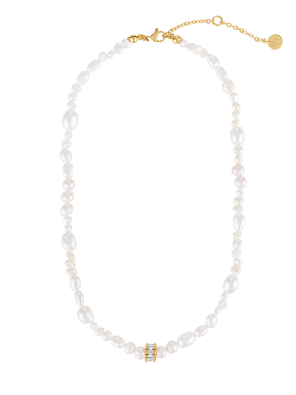 The Beth Freshwater Pearl Necklace by Kinsey Designs features an elegant gold clasp and accent ring with small clear gemstones—perfect as a bridesmaid gift or a chic addition to your pearl jewelry collection.