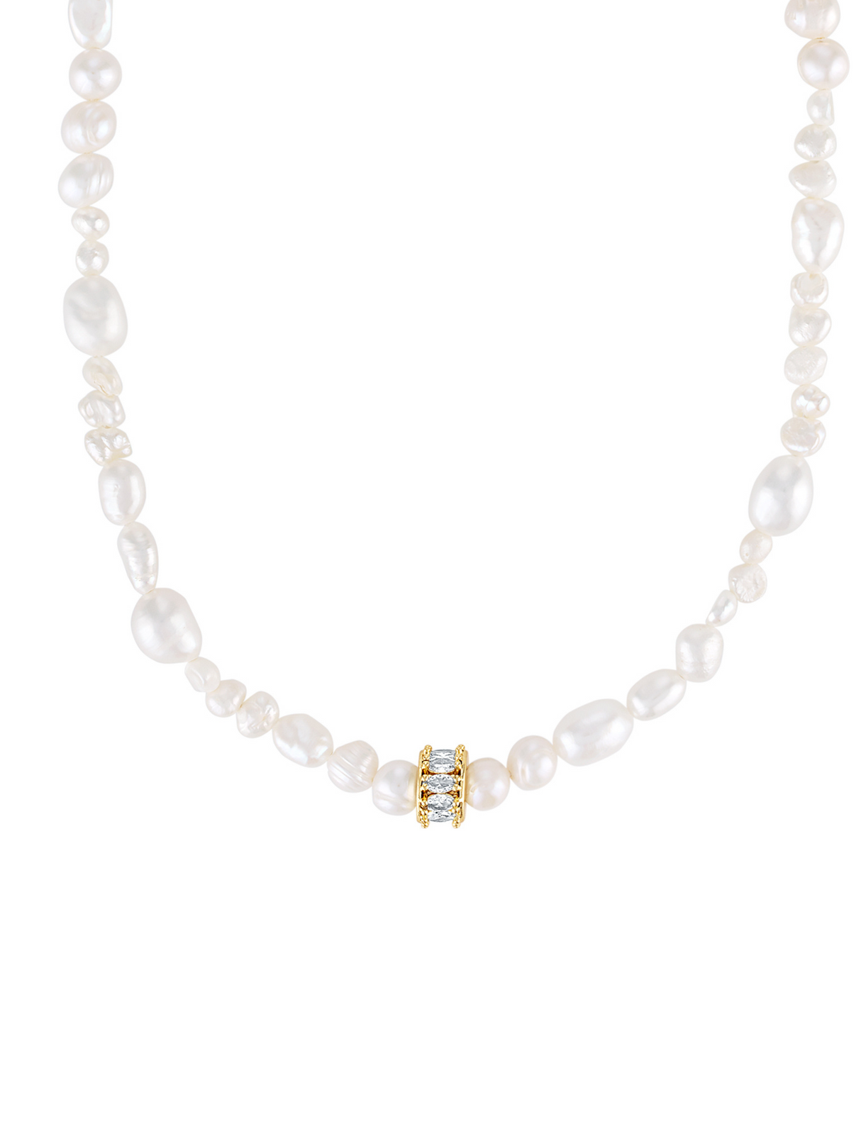 The Kinsey Designs Beth Freshwater Pearl Necklace showcases irregular pearls and a gold, gem-studded centerpiece—perfect as a stunning bridesmaid gift. Shown on a white background.