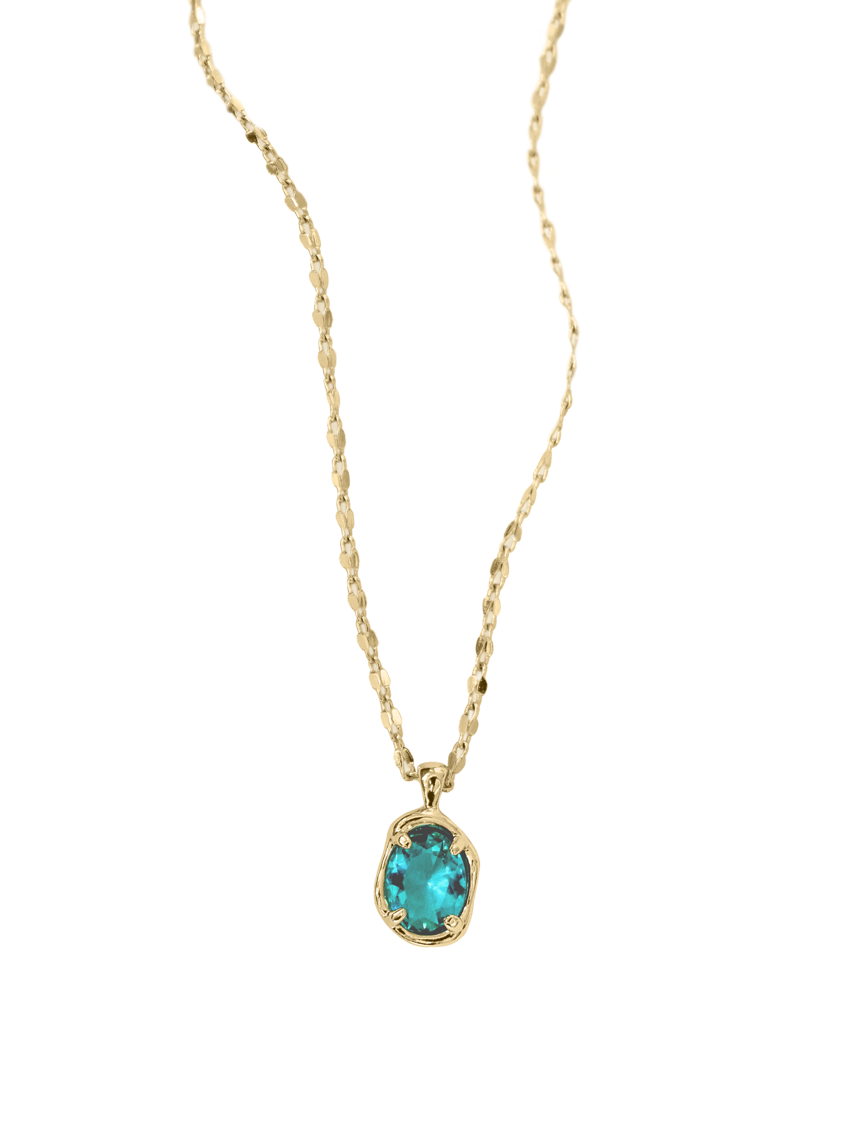 The Birdie Blue Necklace by Kinsey Designs Archives features an 18-inch gold filled chain and a striking blue gemstone pendant, displayed on a white background.