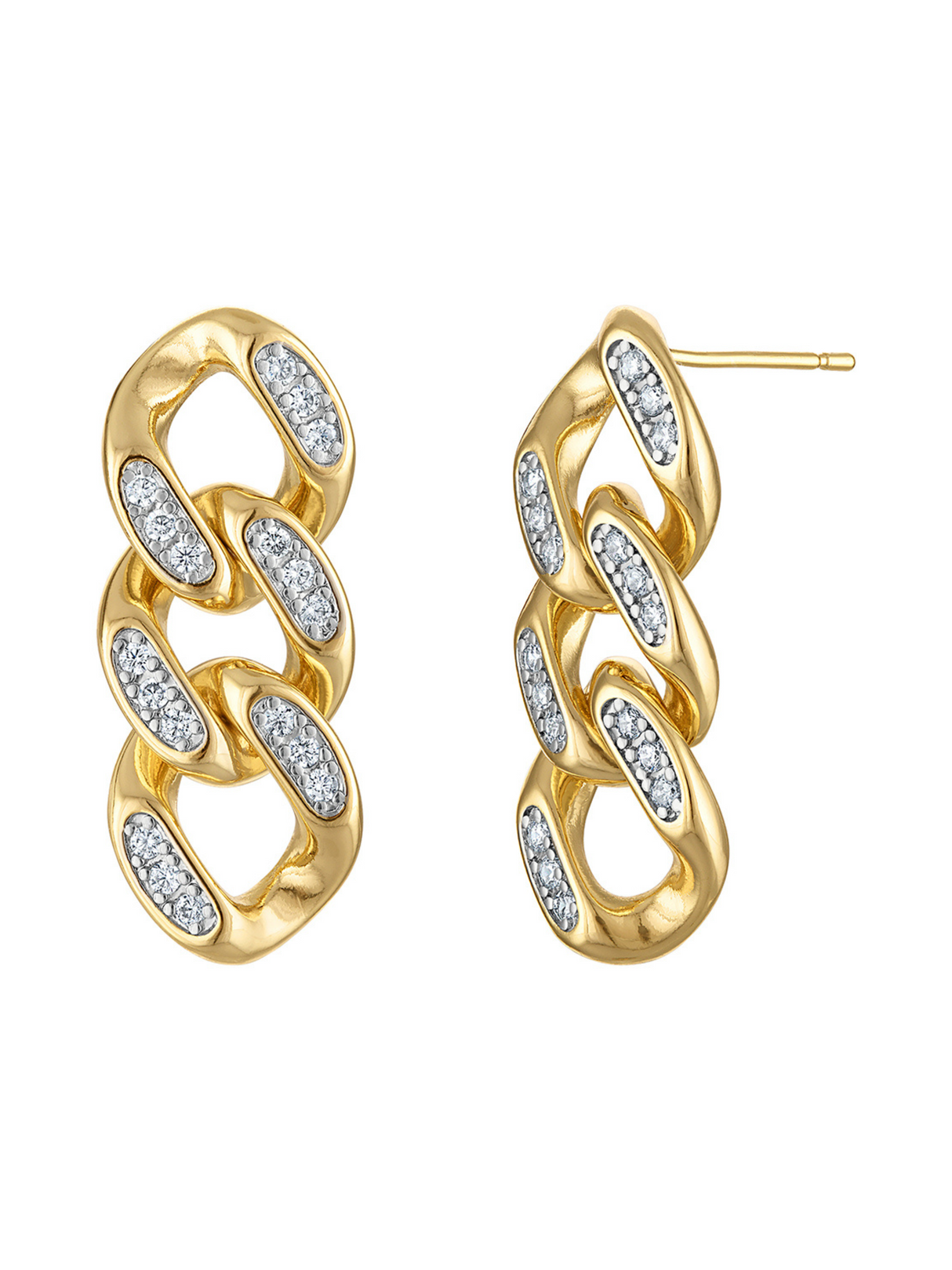 The Kinsey Designs Boden Chain Earring is shown from front and side views, featuring gold chain links with embedded cubic zirconia crystals.