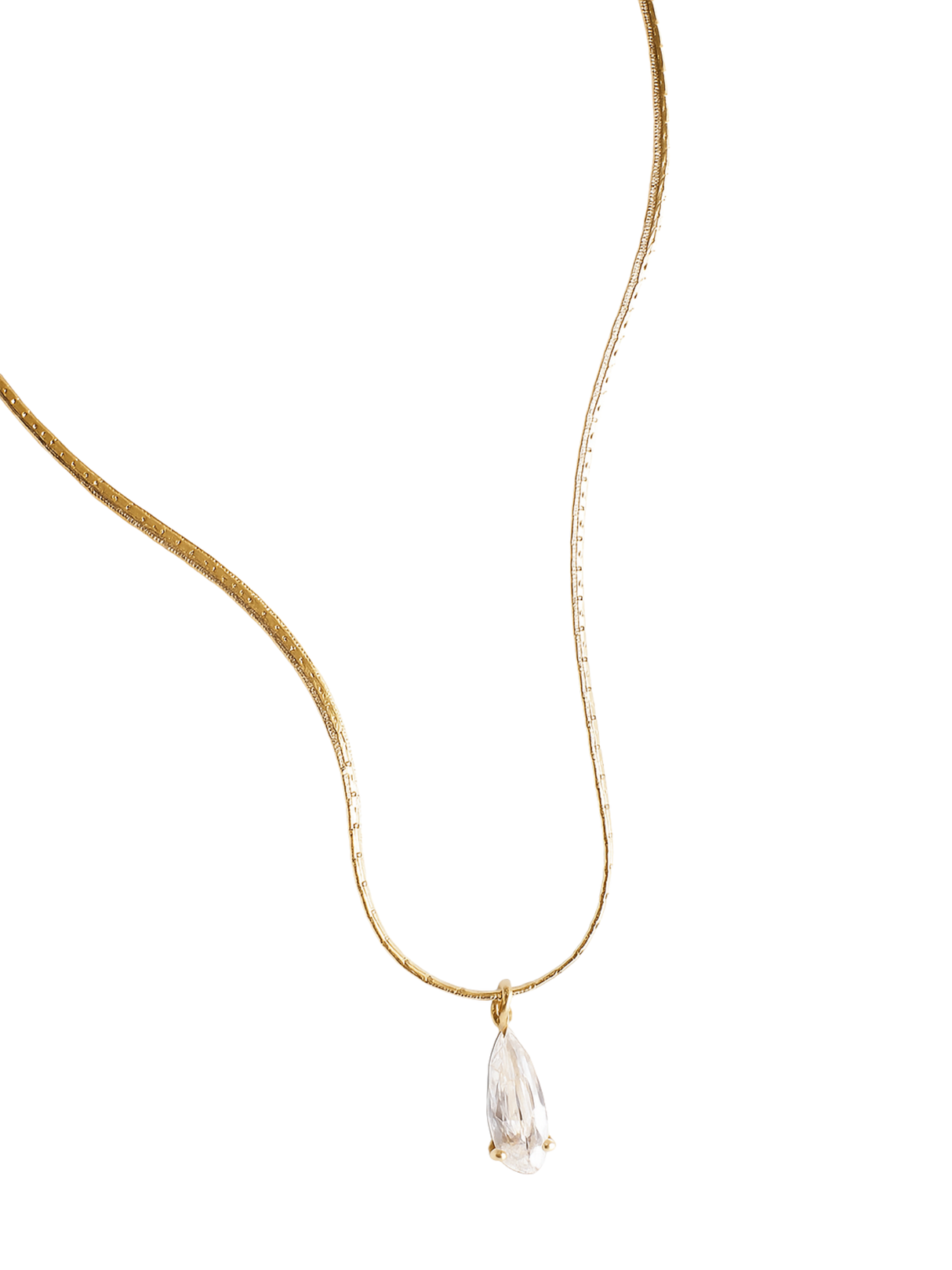 The Kinsey Designs Charlotte Drop Necklace features a clear teardrop pendant, elegantly displayed on a white background.