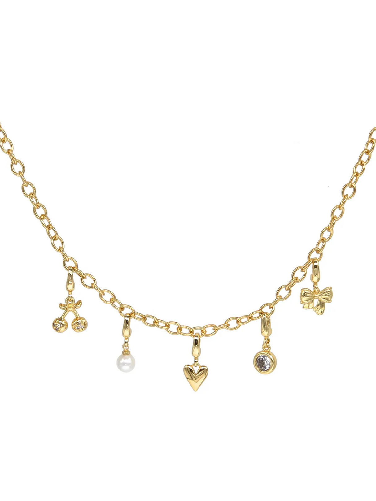 The Kinsey Designs Charm Necklace Link Chain features cherry, pearl, heart, gem, and bow charms on a delicate link chain. Clip charm compatible for easy customization.