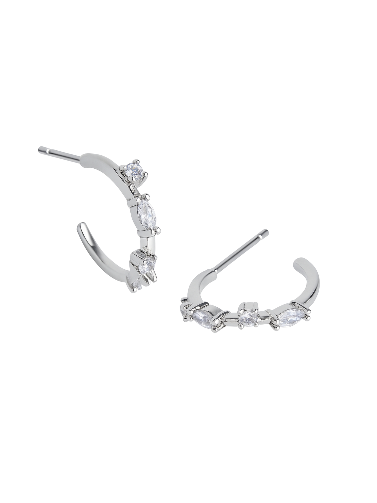The Kinsey Designs Chase Hoop Mini Silver earrings feature rhodium-plated brass hoops, each .5" in diameter and adorned with four clear cubic zirconia gemstones, shown on a white background.