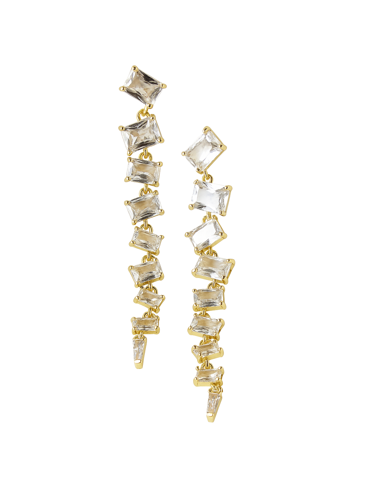 Cher Drop Earrings by Kinsey Designs: 2.5-inch gold-filled earrings adorned with square and rectangular clear stones in a zigzag design—available now at our exclusive sample sale.