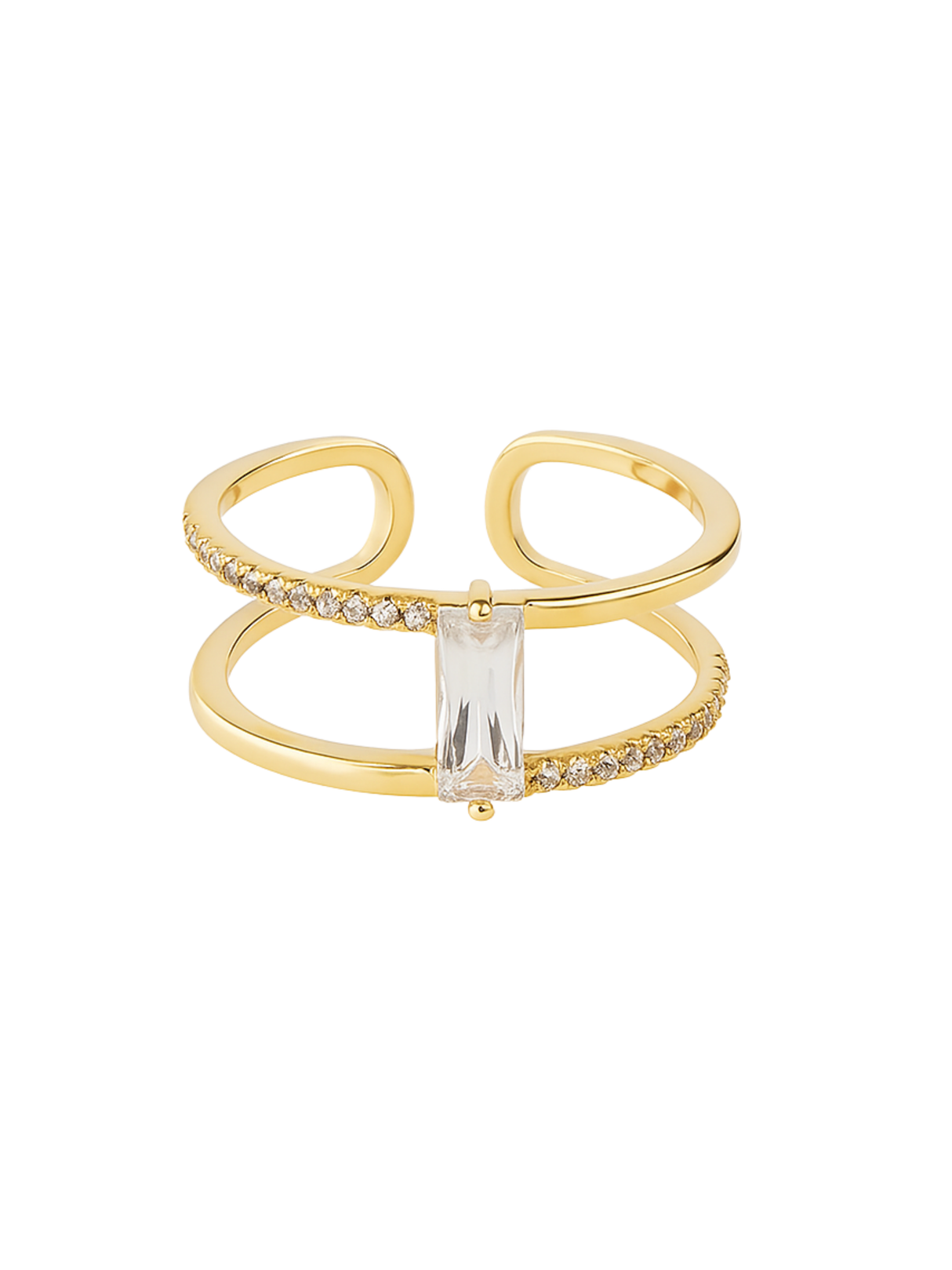 The Cora Ring by Kinsey Designs features an open band with a rectangular baguette CZ stone and small clear stones, displayed on a white background.