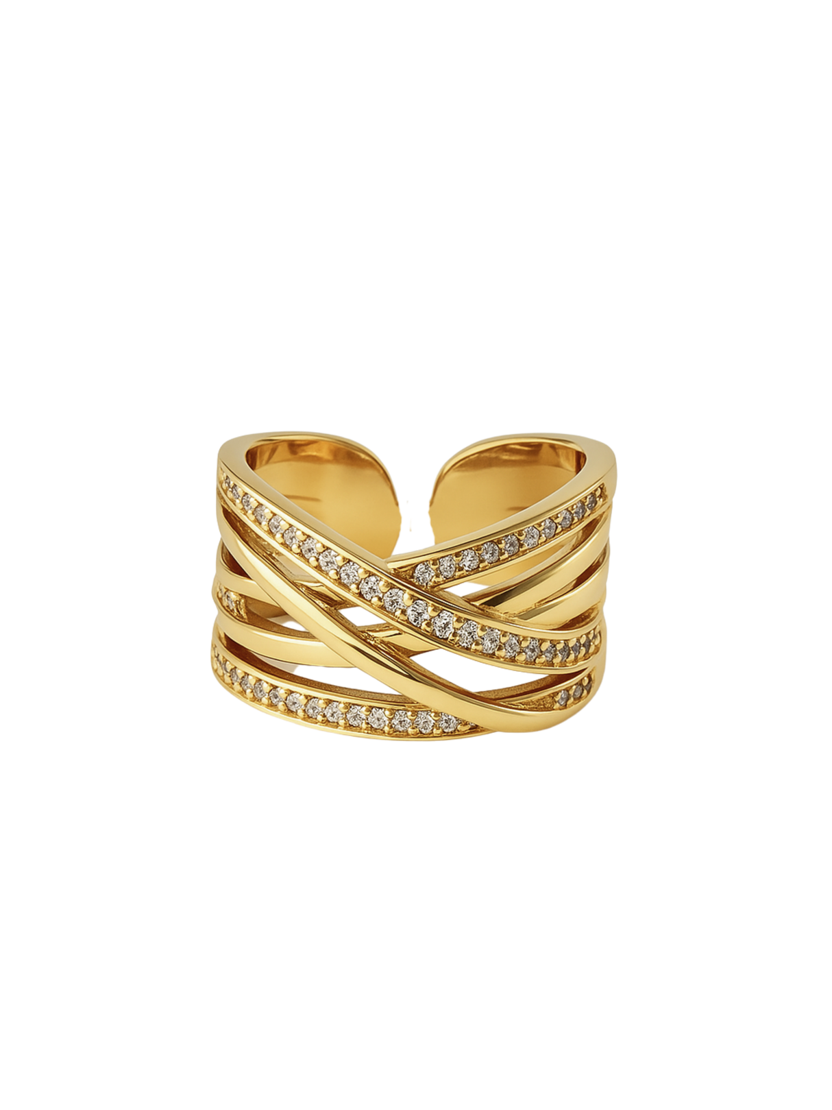 The Cris Ring by Kinsey Designs features wide gold criss-cross bands, some set with sparkling diamonds, for an elegant stacked look. Perfect as an anniversary gift. Photographed on a white background.