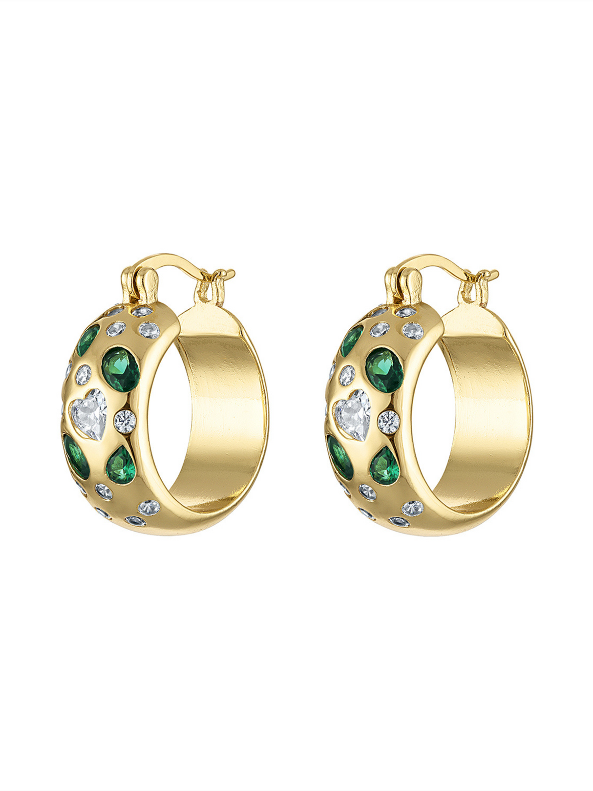 The Claire Emerald Hoops by Kinsey Designs are gold hoop earrings adorned with green, white, and clear cubic zirconia in a dotted pattern.