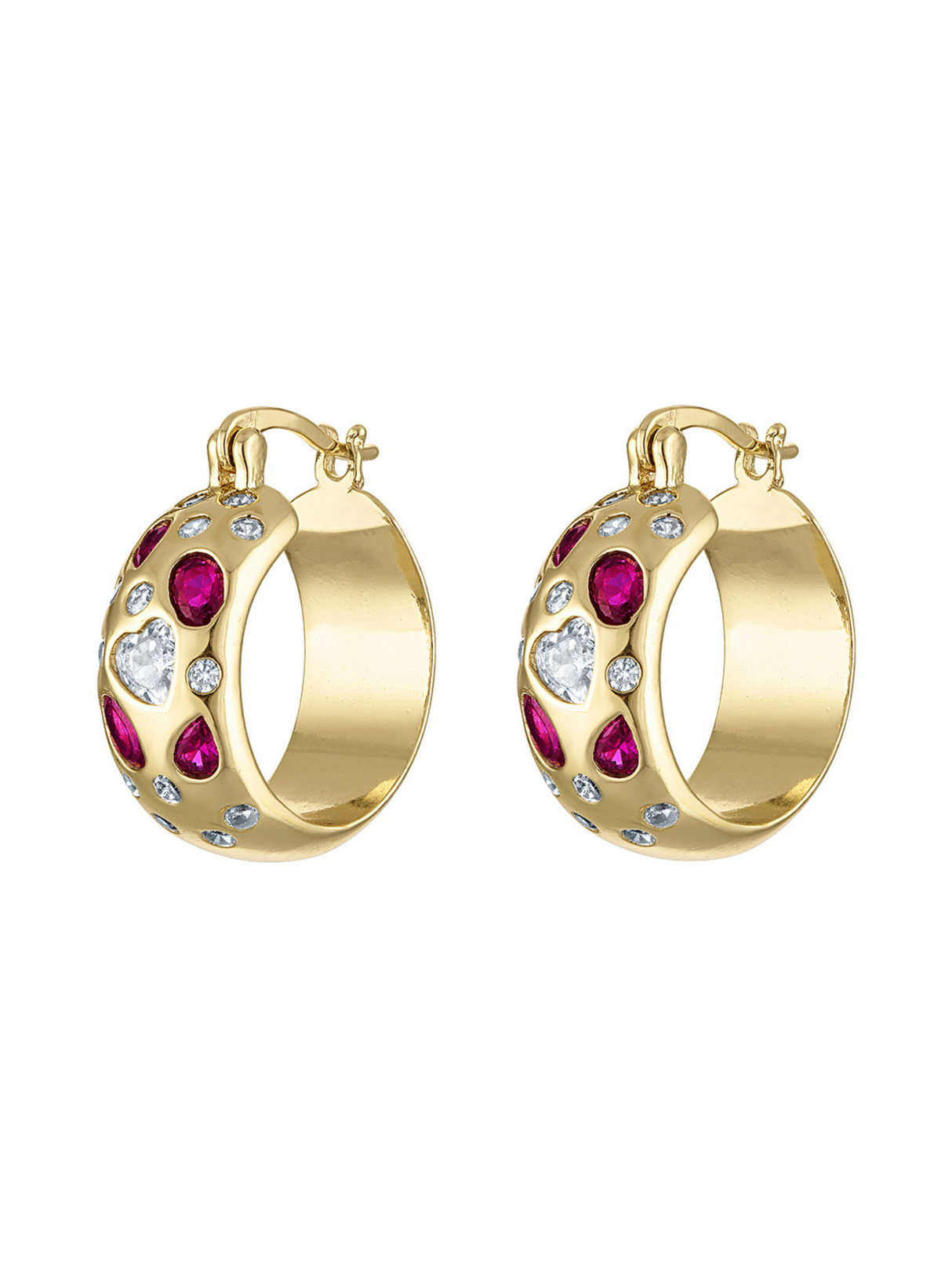 The Ruby Claire Hoops by Kinsey Designs are gold earrings with red, white, and clear crystal accents, adding elegance and sparkle. Shown against a white background.