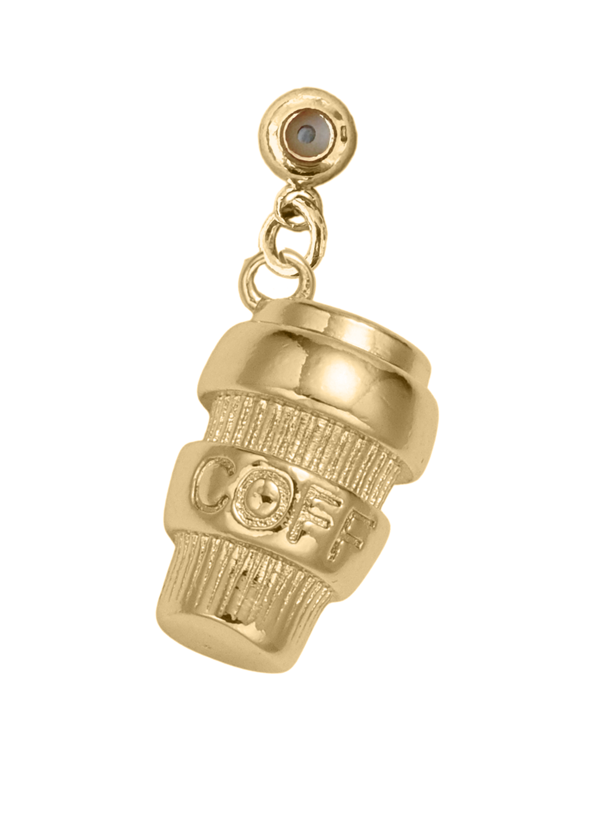 The Coffee Grip Charm by Kinsey Designs Archives is a gold-filled cup charm engraved with "COFF," featuring a gem and loop—ideal for Charm Bar Chains or as your new favorite accessory.
