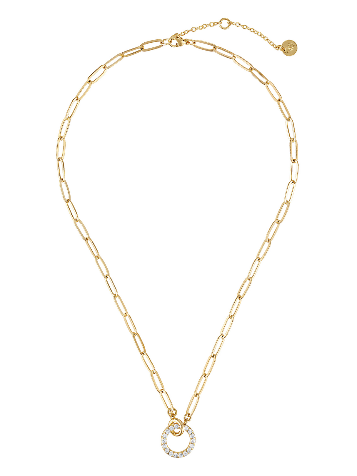 The Cyrus Interlocking Circle Necklace by Kinsey Designs features elegant oval links and a circular pendant, accented with small clear crystals for extra sparkle.