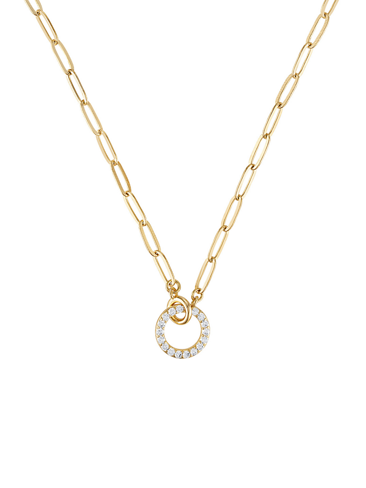 The Cyrus Interlocking Circle Necklace by Kinsey Designs features gold interlocking circles and a delicate pendant, half encrusted with sparkling white stones.