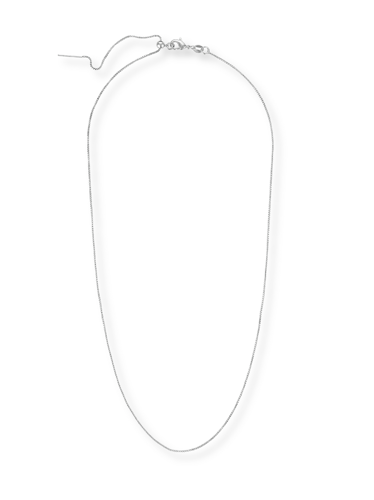 The Kinsey Designs Charm Necklace Box Chain, featuring a thin silver box chain and lobster clasp, is displayed in an oval shape on a white background.
