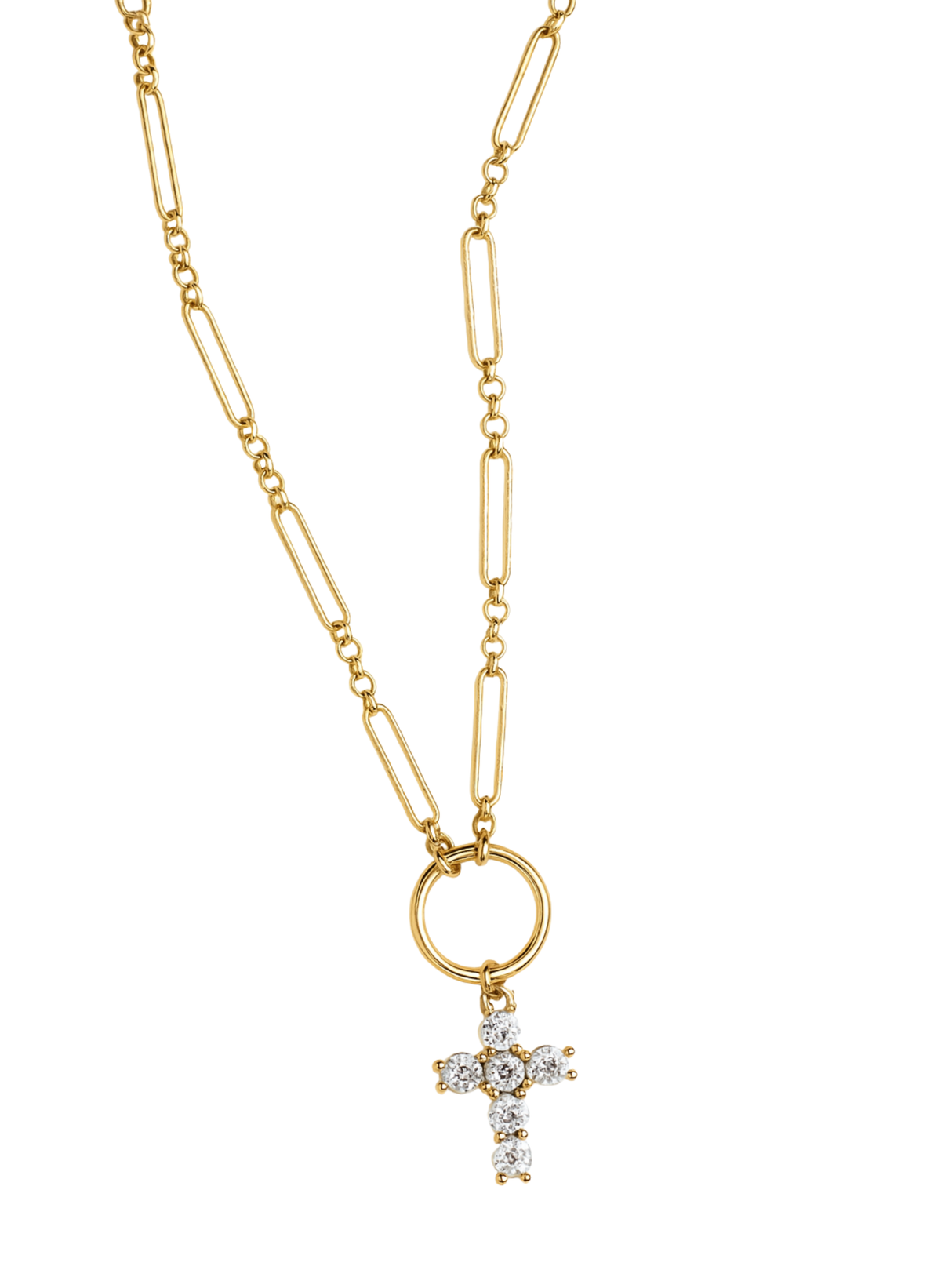 The Denise Necklace by Kinsey Designs features a gold filled chain with a small diamond-studded cross pendant on a round loop—an elegant and timeless choice for a baptism gift.