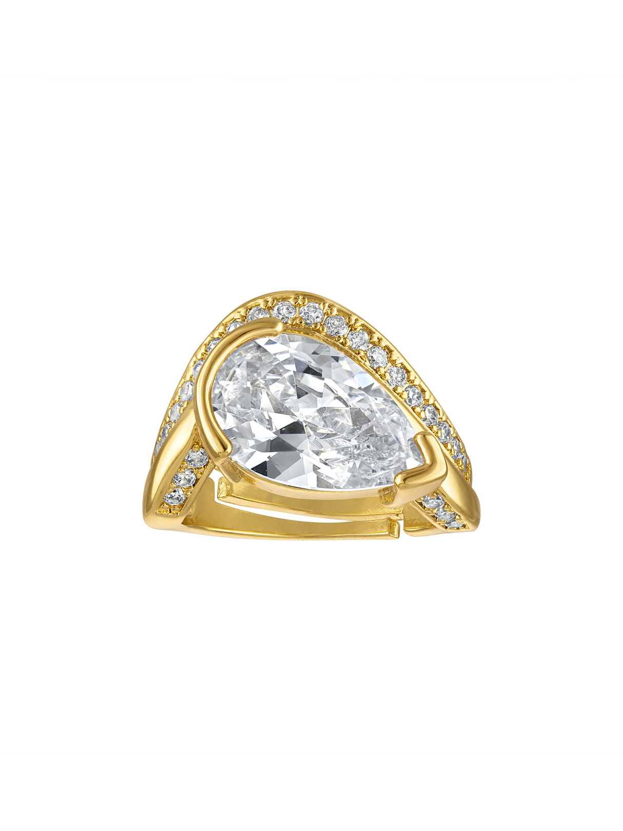 The Dahlia Teardrop Ring by Kinsey Designs features a gold band with a large pear-shaped center diamond, accented by smaller diamonds along the band and around the main stone.