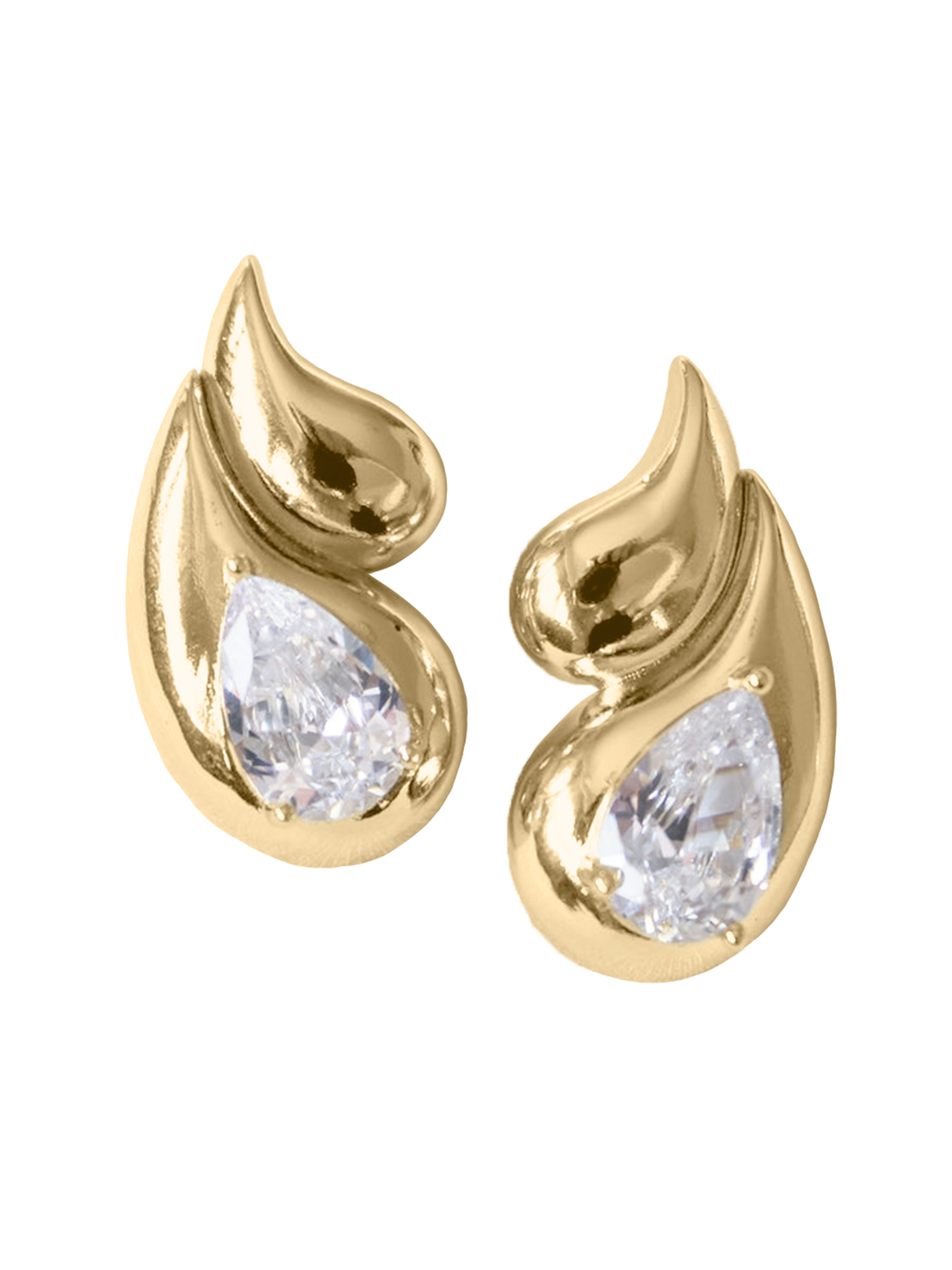The Kinsey Designs Archives Double Drop Stud features gold-filled teardrop shapes with clear, pear-cut gemstones—a stunning piece now available at our sample sale.