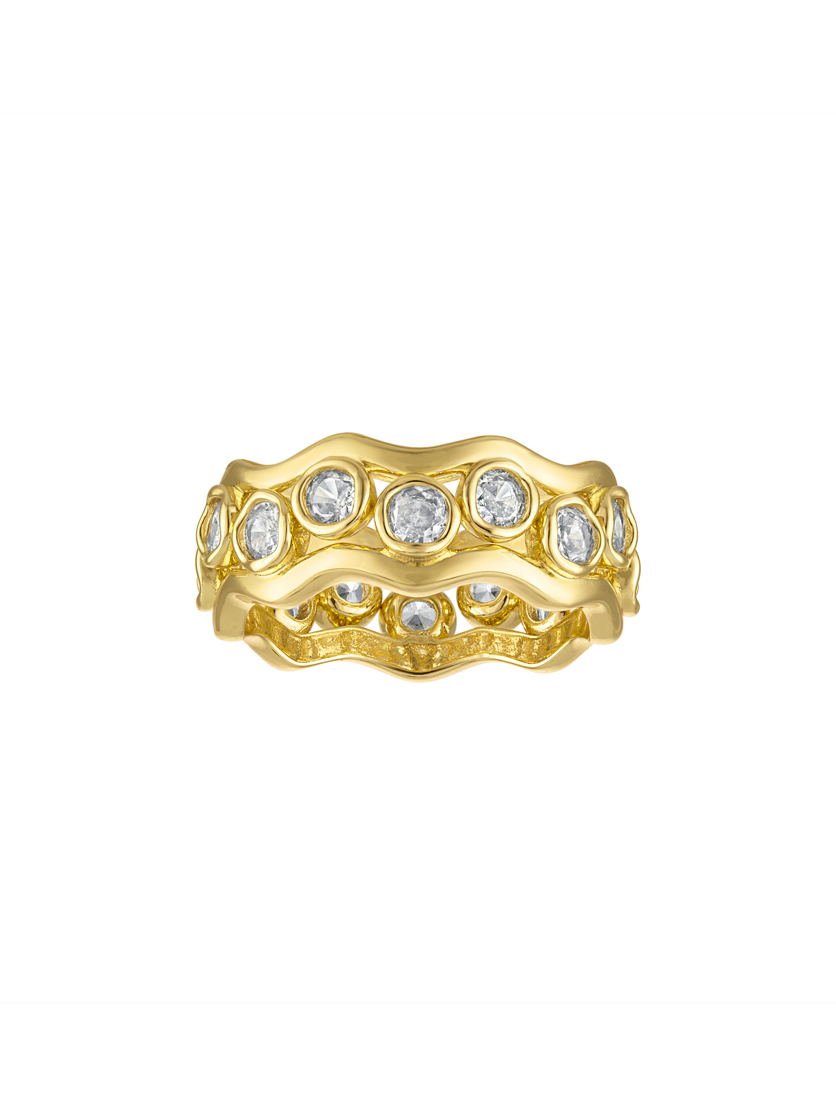 The Kinsey Designs Dove Stacking Ring Set features two gold wavy bands, each encircled with round, clear gemstones.