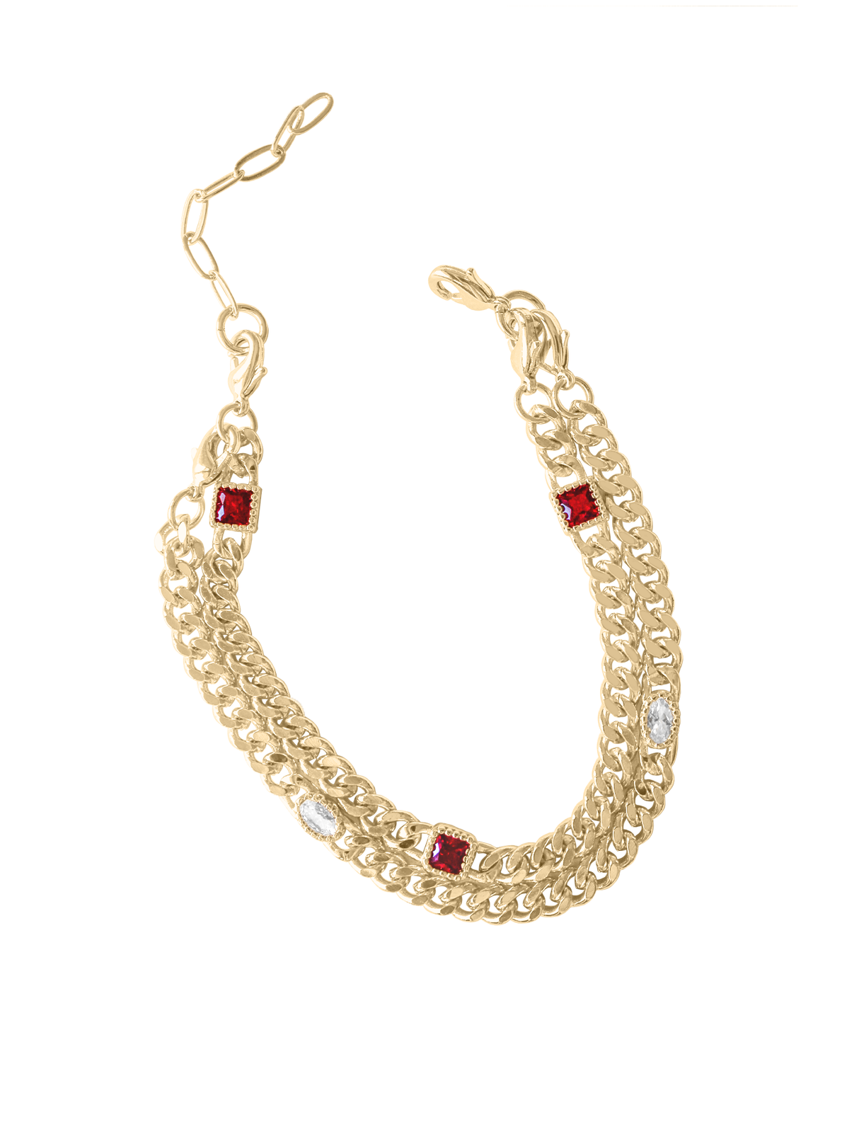 The Dublin Bracelet (3 in 1) by Kinsey Designs features three red and two clear cubic zirconia stones on a gold filled chain with an adjustable clasp, shown on a white background.