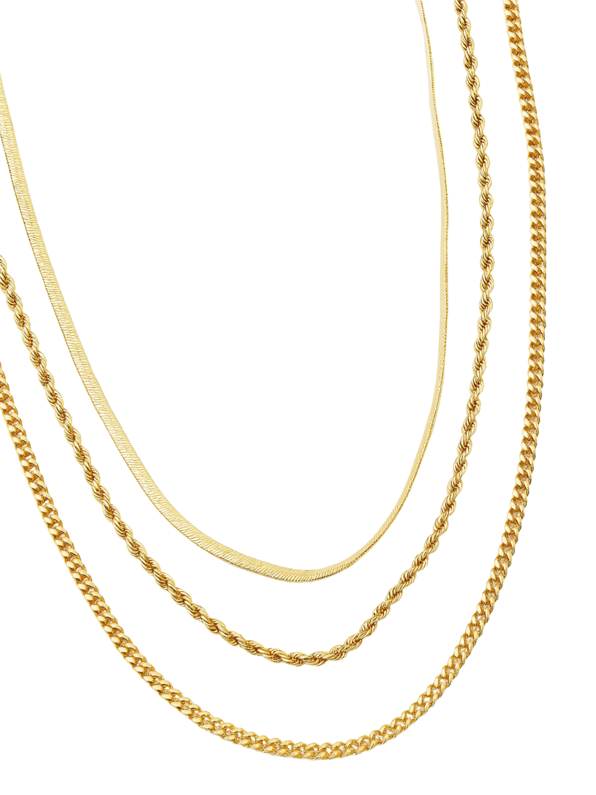 The Emile Layer Necklace by Kinsey Designs Archives features four distinct gold chains arranged in parallel on a white background, highlighting its elegant layered design.
